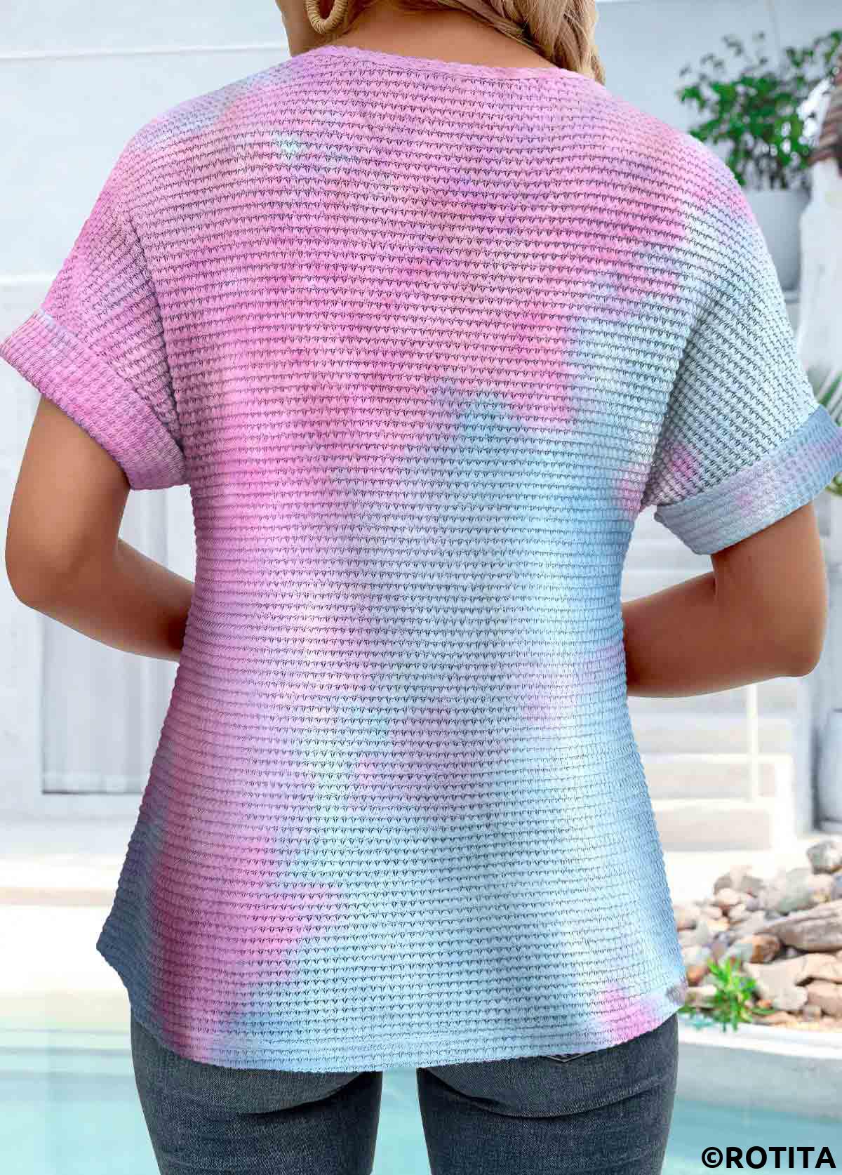 Rotita Button Ombre Blue Rundhals-Kurzarm-T-Shirt