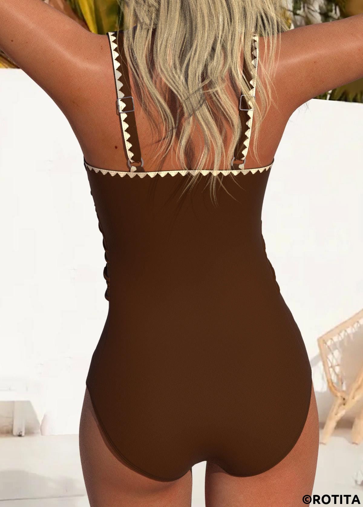 Light Coffee swimwear,Contrast Color swimwear,ROTITA Light Coffee Jacquard Detail One Piece Swimwear