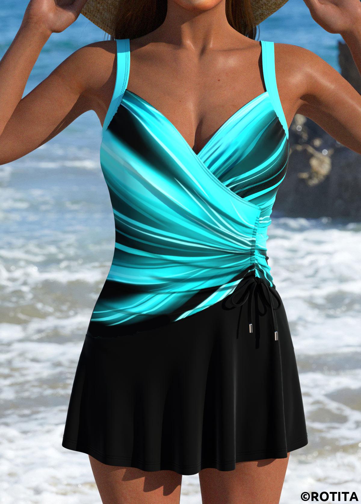 Cyan swimwear,Black swimwear,Ombre swimwear,ROTITA Drawstring Cyan Ombre One Piece Swimdress