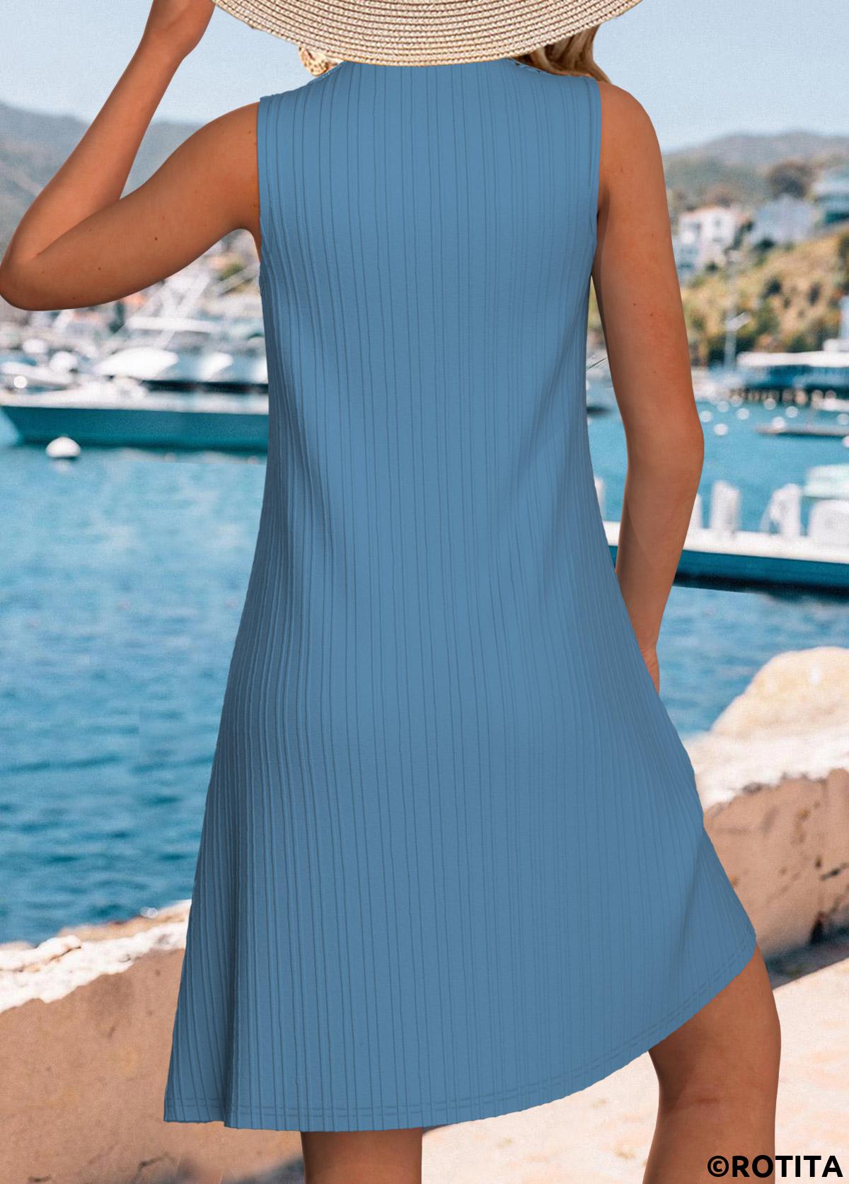 Dusty Blue dresses,Plain Color dresses,Vacation dresses,Vacation dresses,ROTITA Embroidery Dusty Blue A Line V Neck Sleeveless Dress