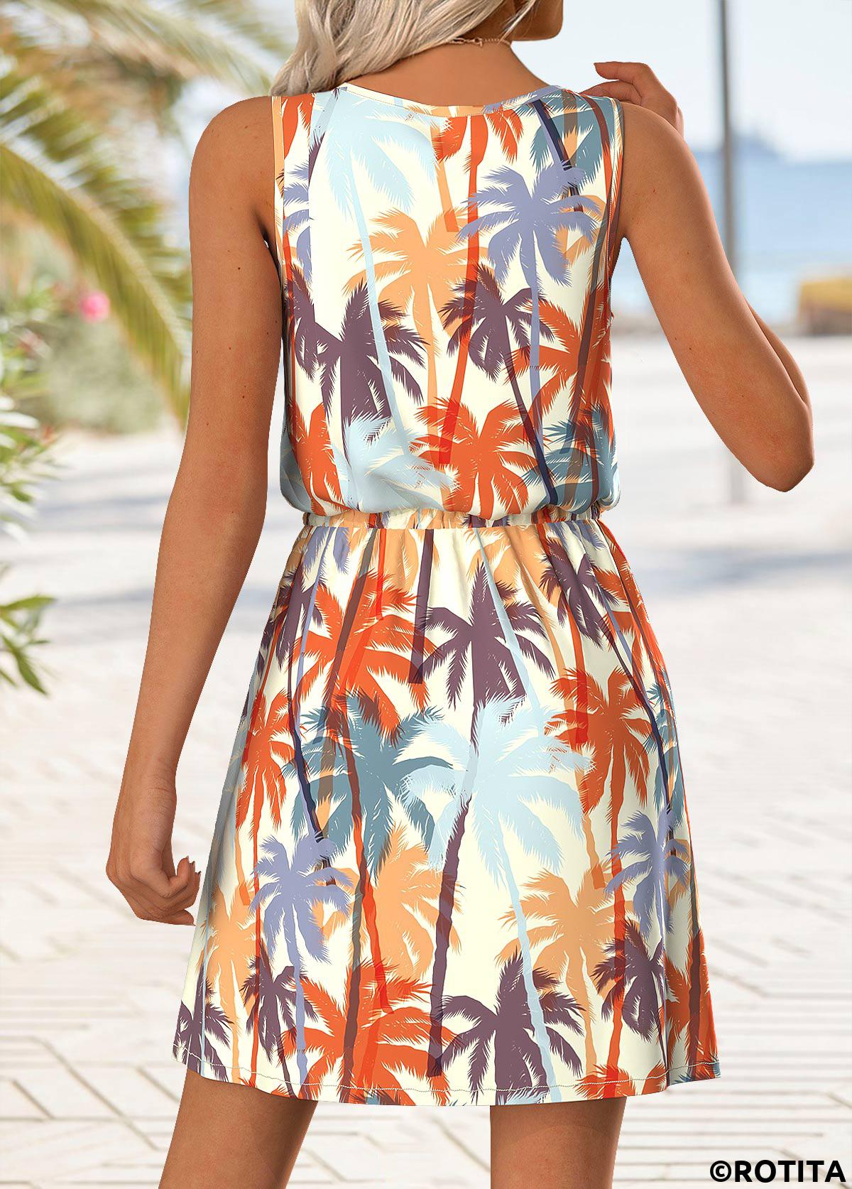 Multi Color dresses,Plants dresses,Vacation dresses,Vacation dresses,ROTITA Button Tropical Plants Print Multi Color Short Strappy Dress