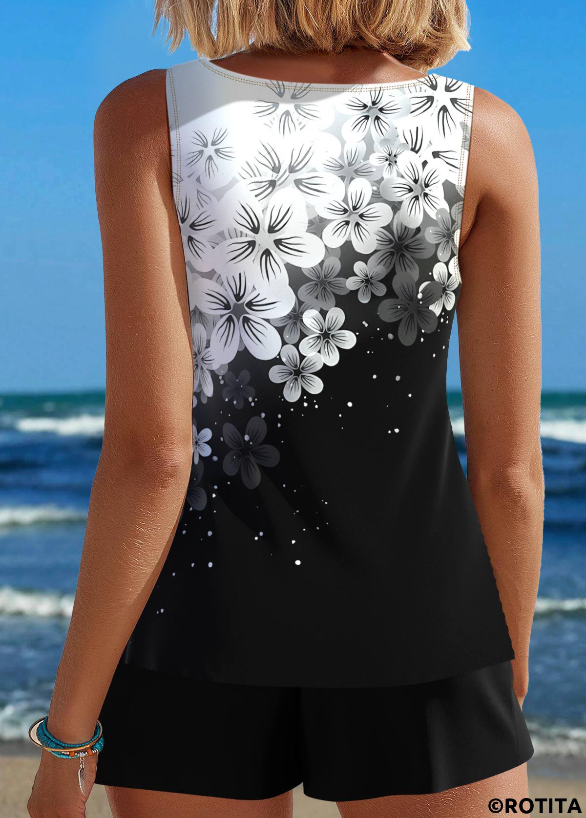 Black plus size,Floral plus size,Plants plus size,ROTITA Plus Size Mid Waisted Cut Out Black Tankini Set