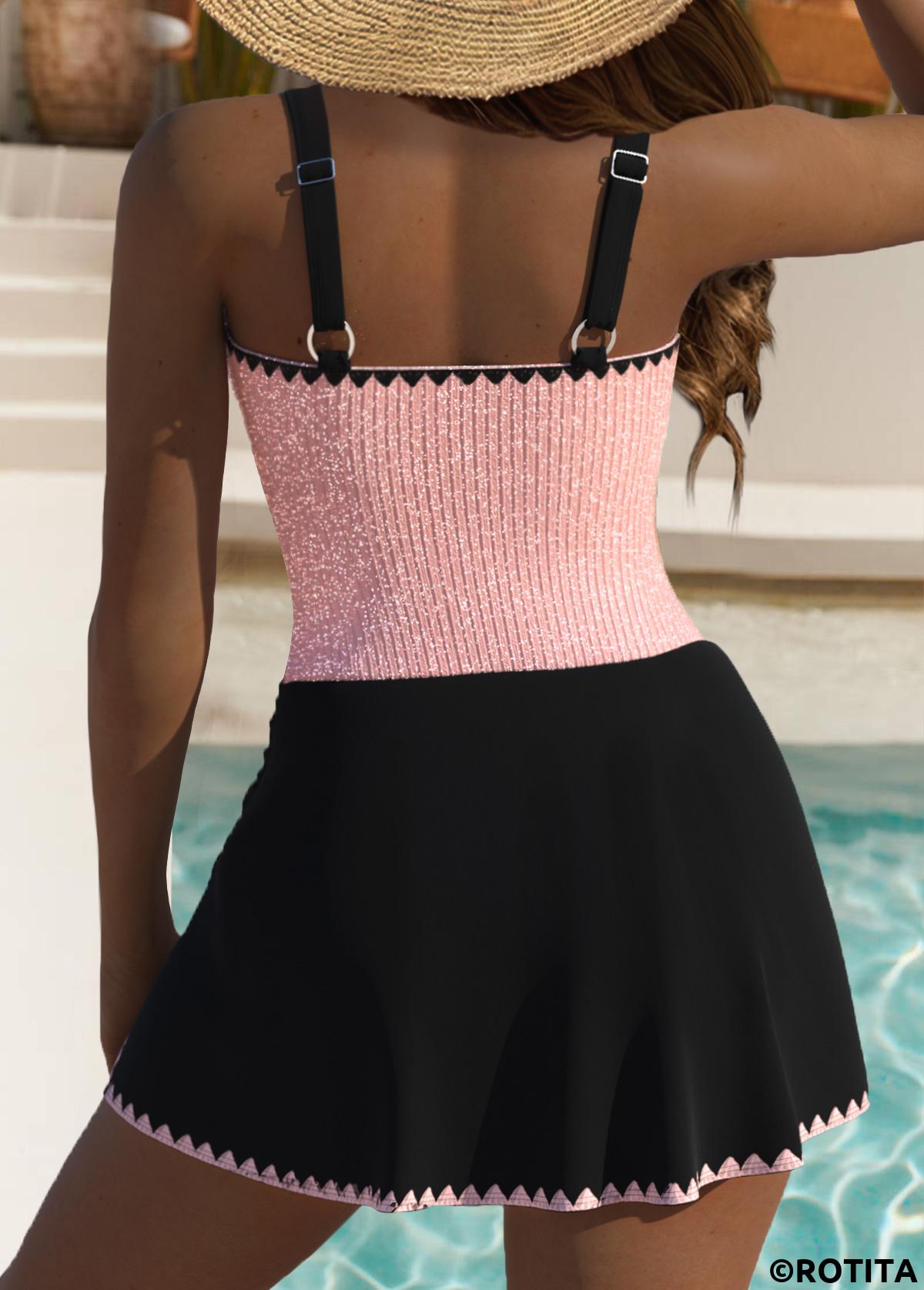 Light Pink swimwear,Contrast Color swimwear,ROTITA Contrast Binding Light Pink Patchwork One Piece Swimdress