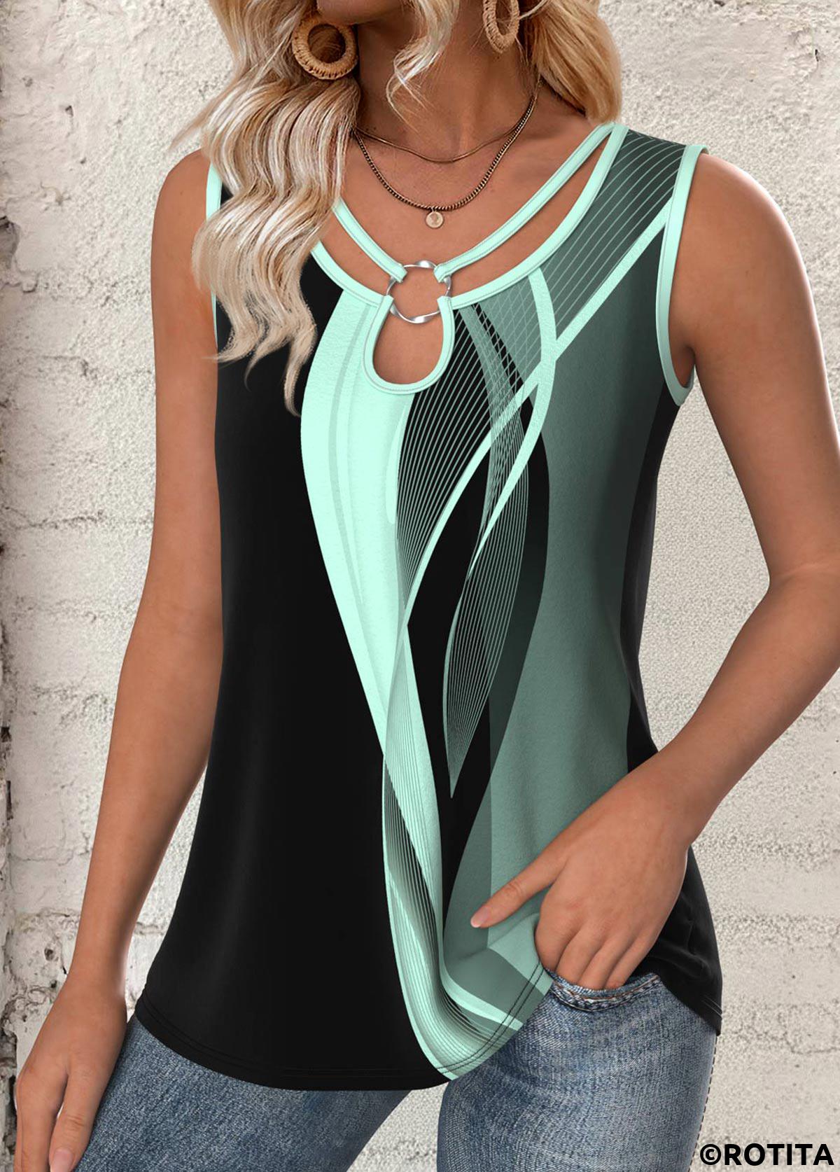 Multi Color tops,Geometric tops,ROTITA Circular Ring Geometric Print Multi Color Sleeveless Tank Top