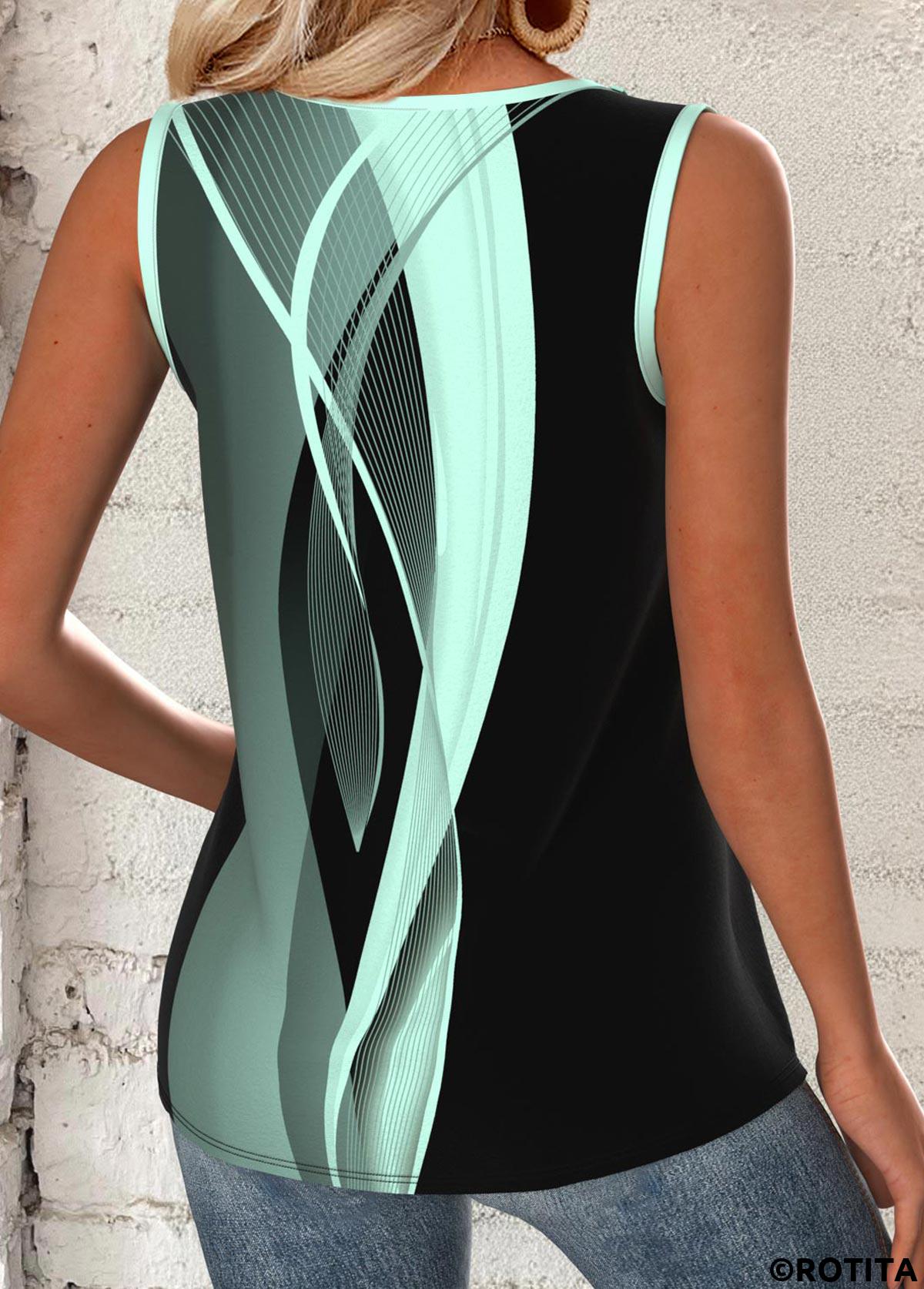 Multi Color tops,Geometric tops,ROTITA Circular Ring Geometric Print Multi Color Sleeveless Tank Top