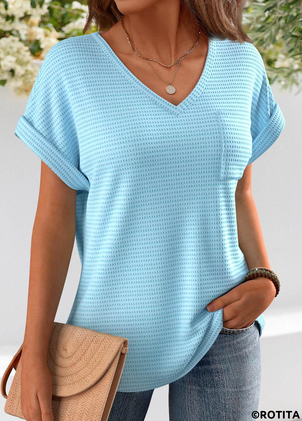 Light Blue tops,Plain Color tops,ROTITA Jacquard Light Blue V Neck Short Sleeve T Shirt