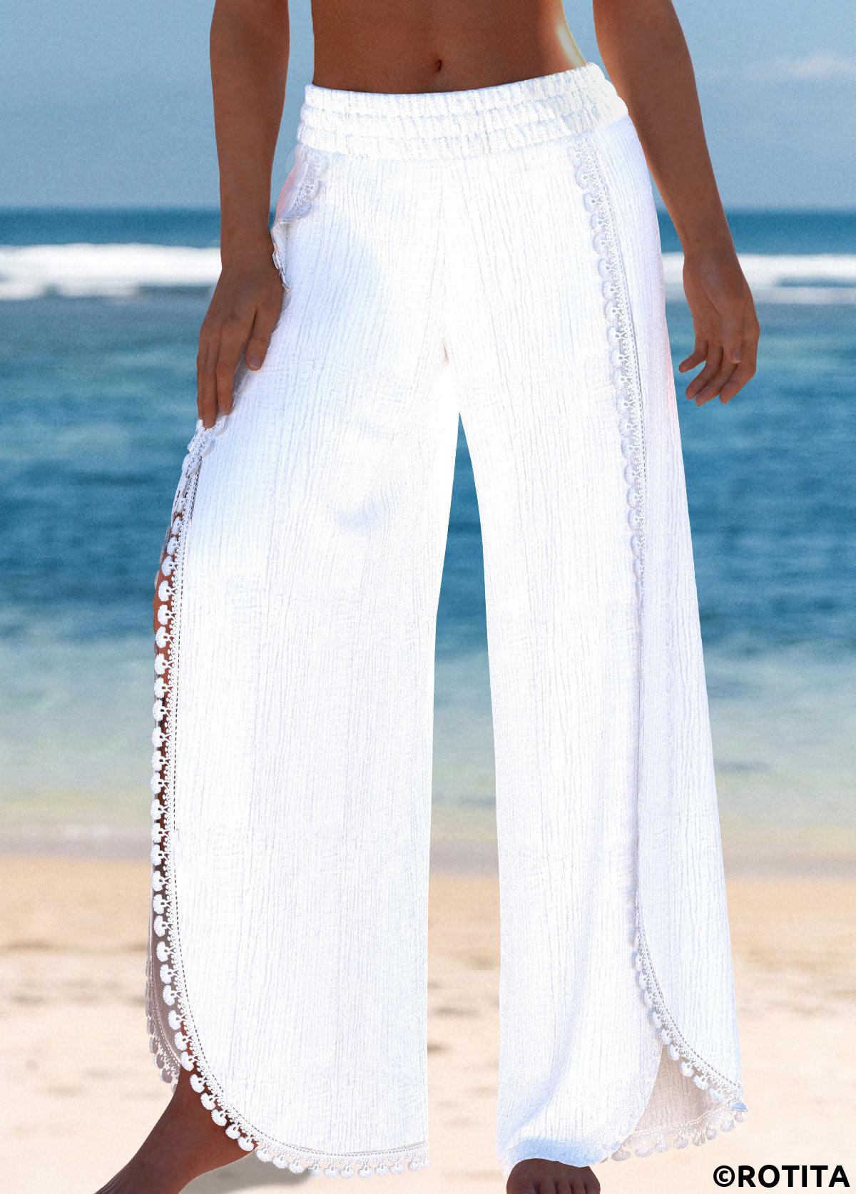 White swimwear,Plain Color swimwear,ROTITA White High Waisted Split Beach Pants