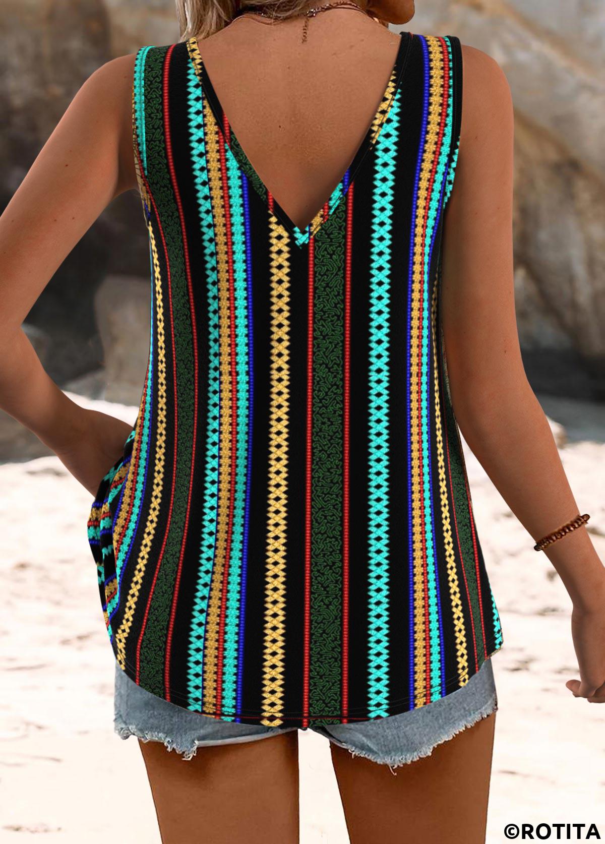 Multi Color tops,Striped tops,Geometric tops,ROTITA Twist Striped Multi Color V Neck Strappy Tank Top