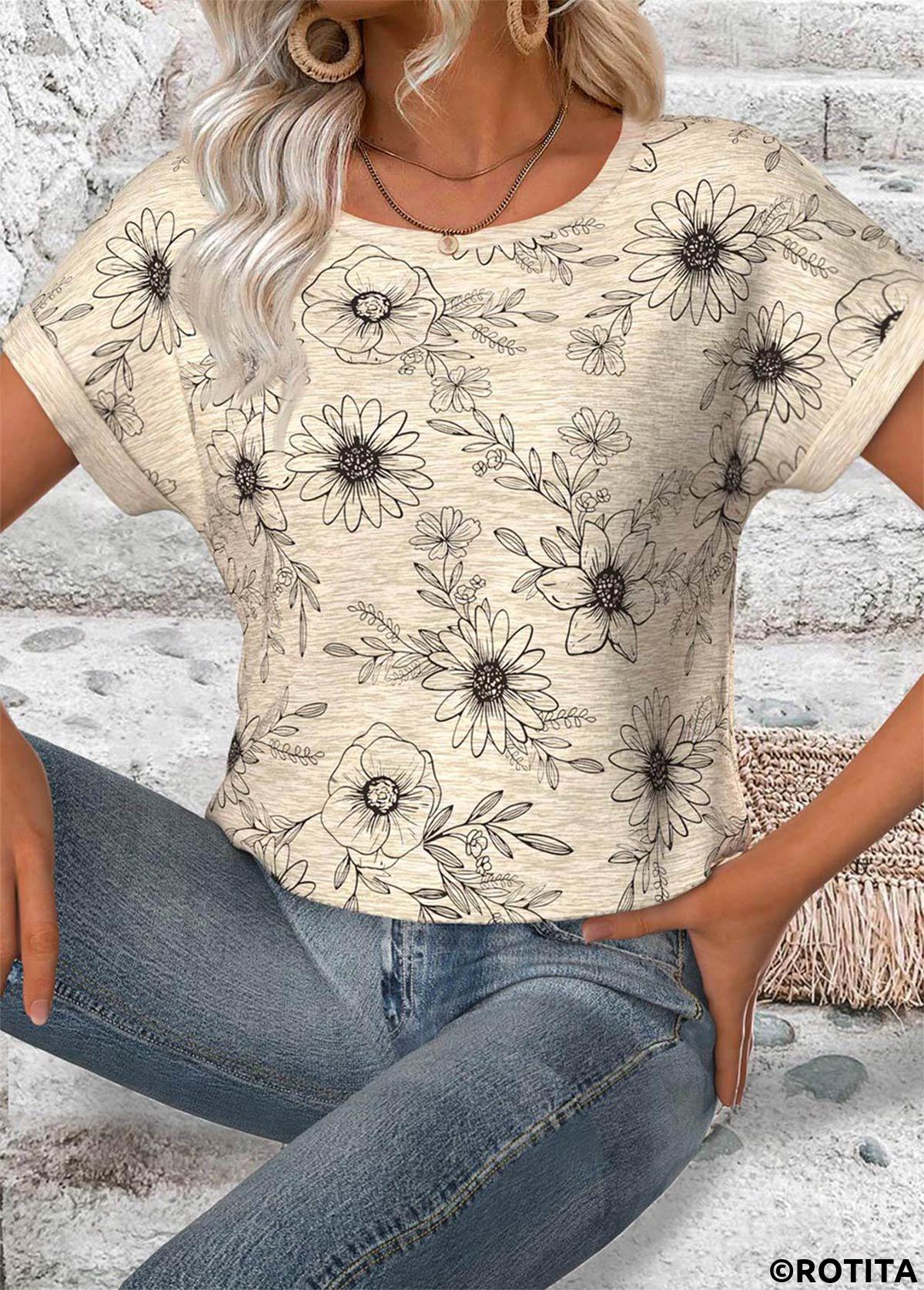 Light Camel tops,Floral tops,Plants tops,ROTITA Floral Print Light Camel Round Neck T Shirt