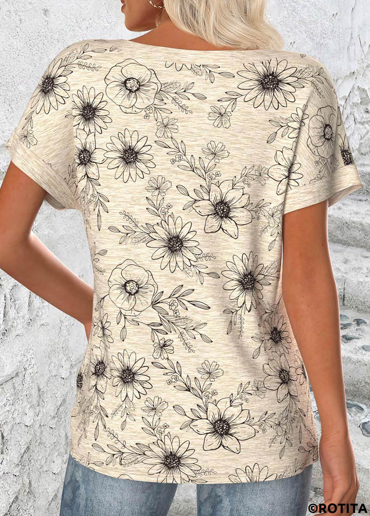 Light Camel tops,Floral tops,Plants tops,ROTITA Floral Print Light Camel Round Neck T Shirt