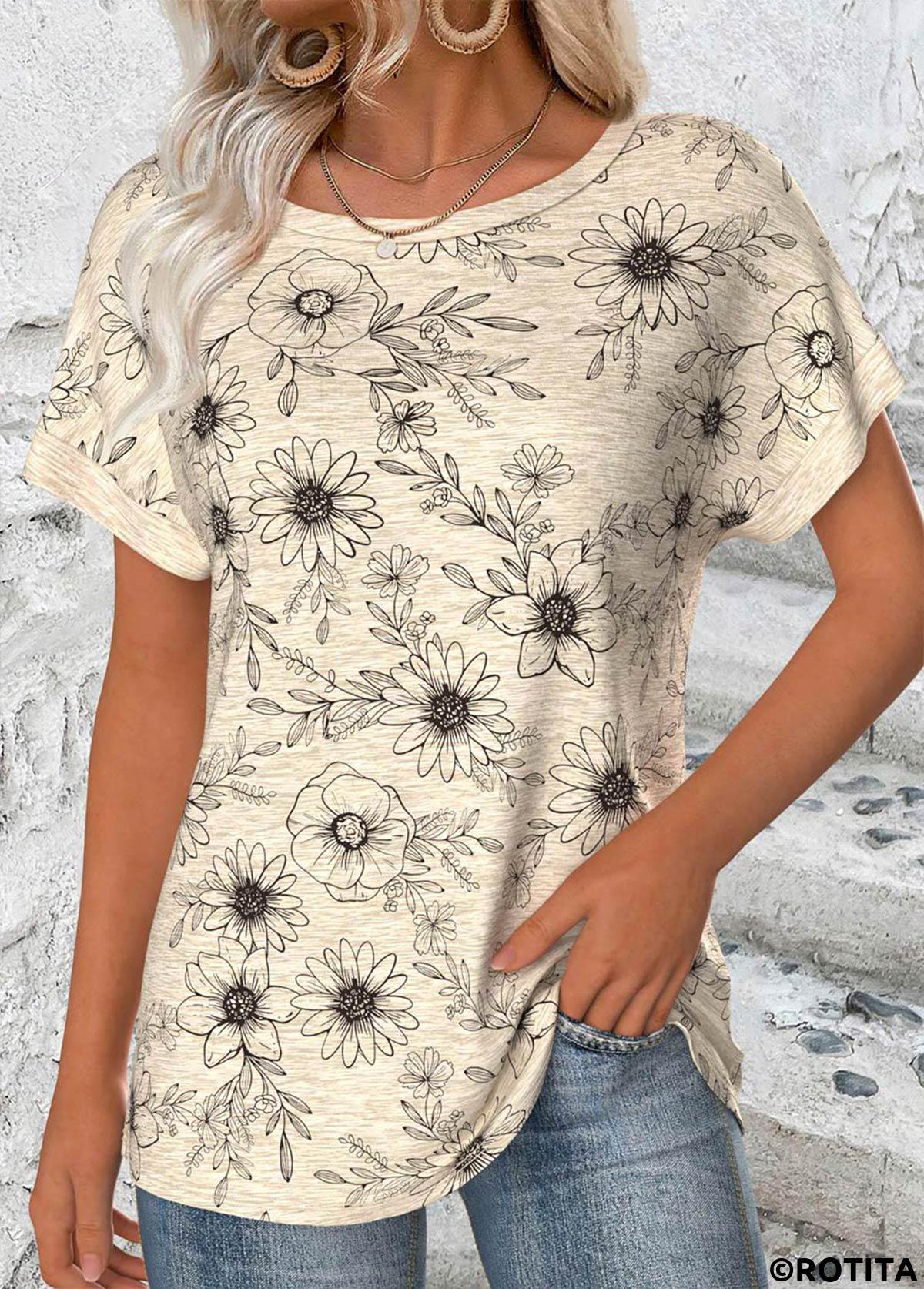 Light Camel tops,Floral tops,Plants tops,ROTITA Floral Print Light Camel Round Neck T Shirt