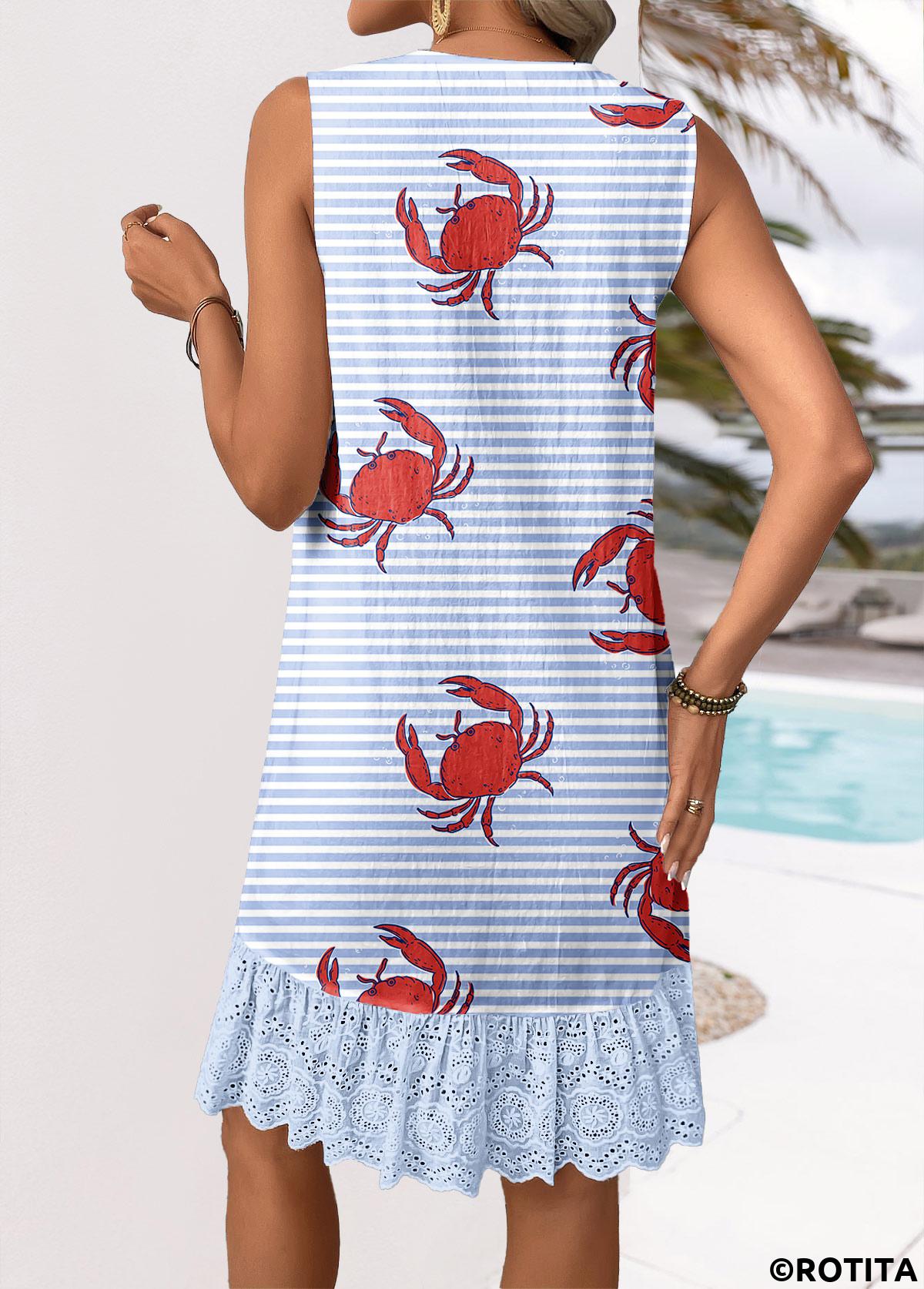 robe trapèze bleu clair à imprimé vie marine et broderie Rotita