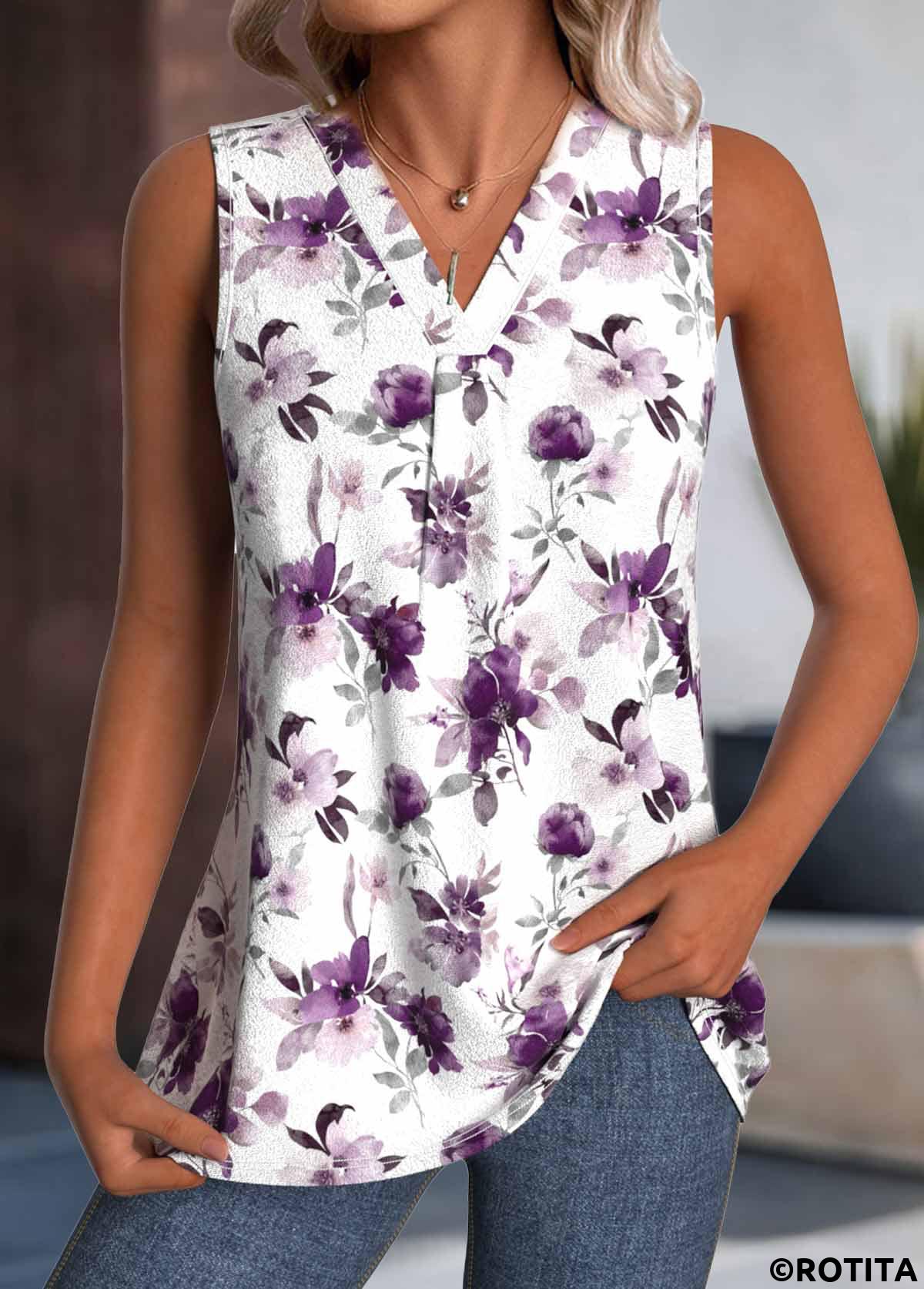 White tops,Floral tops,Plants tops,ROTITA Floral Print White V Neck Sleeveless Tank Top