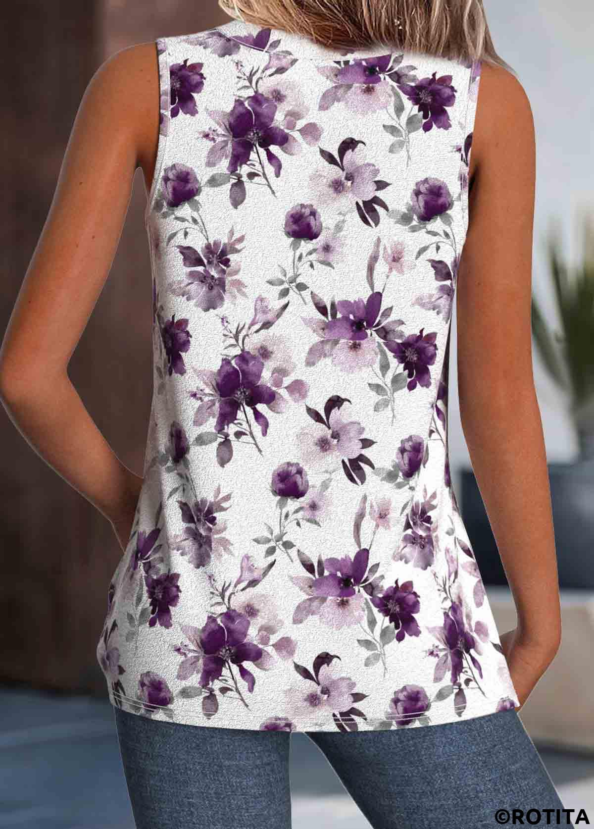 White tops,Floral tops,Plants tops,ROTITA Floral Print White V Neck Sleeveless Tank Top