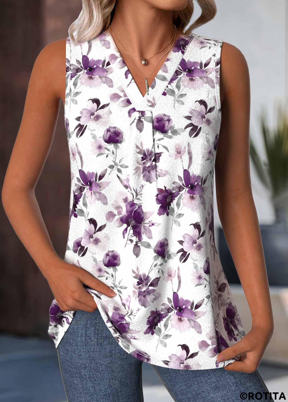White tops,Floral tops,Plants tops,ROTITA Floral Print White V Neck Sleeveless Tank Top