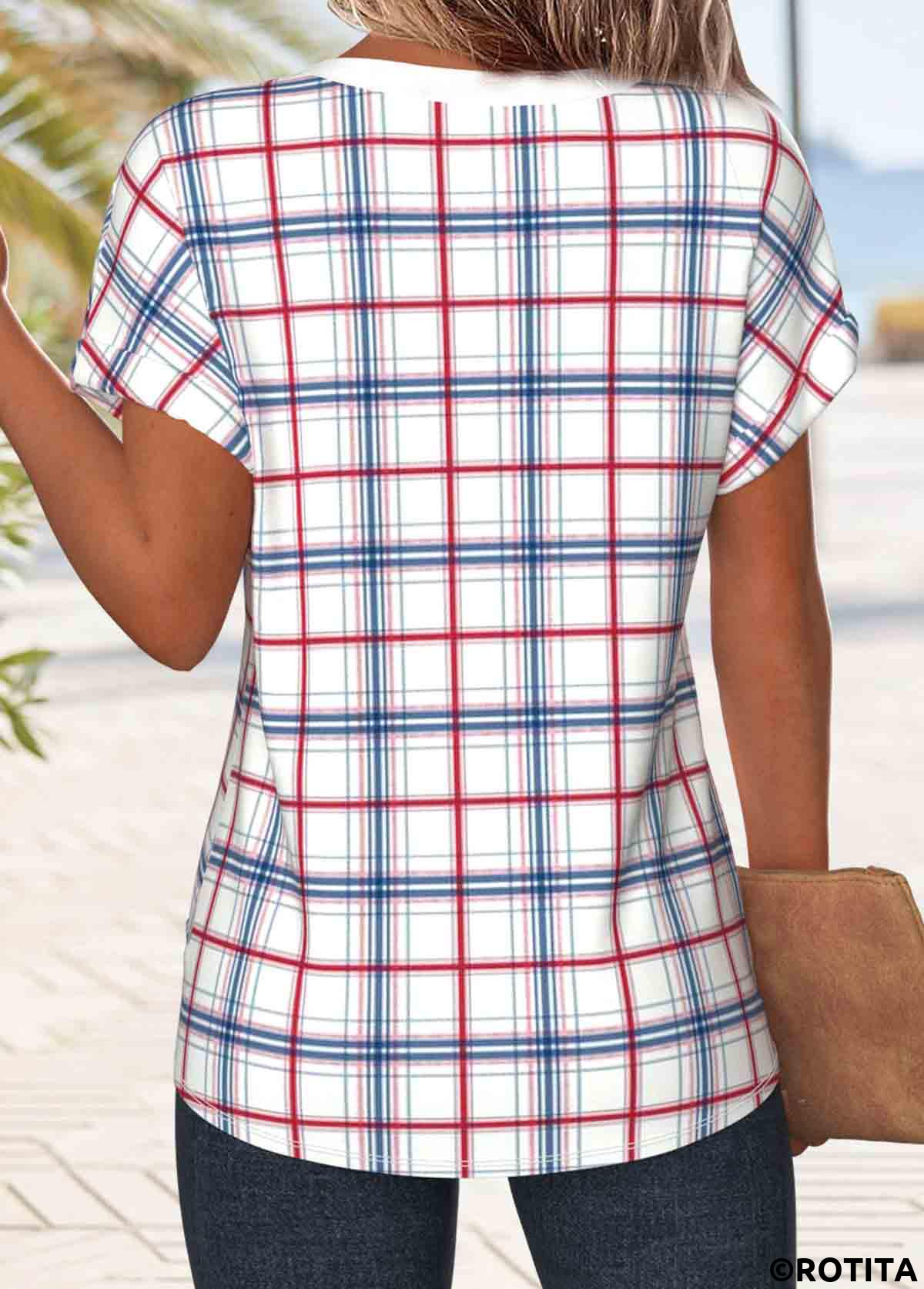 White tops,Plaid tops,Geometric tops,ROTITA Patchwork Plaid White Round Neck Short Sleeve T Shirt