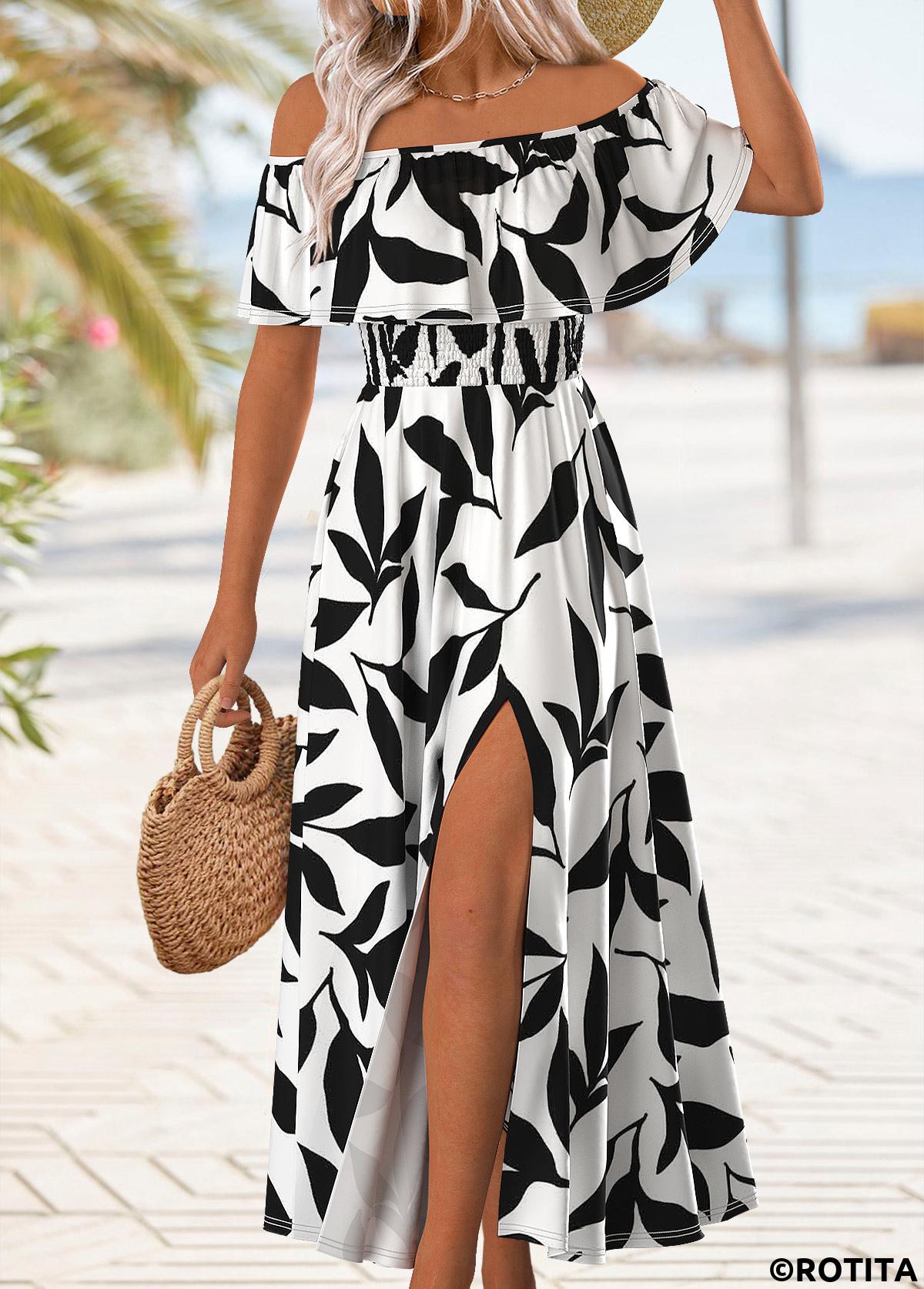 Multi Color dresses,Plants dresses,Vacation dresses,Vacation dresses,ROTITA Split Leaf Print Multi Color Maxi Off Shoulder Dress