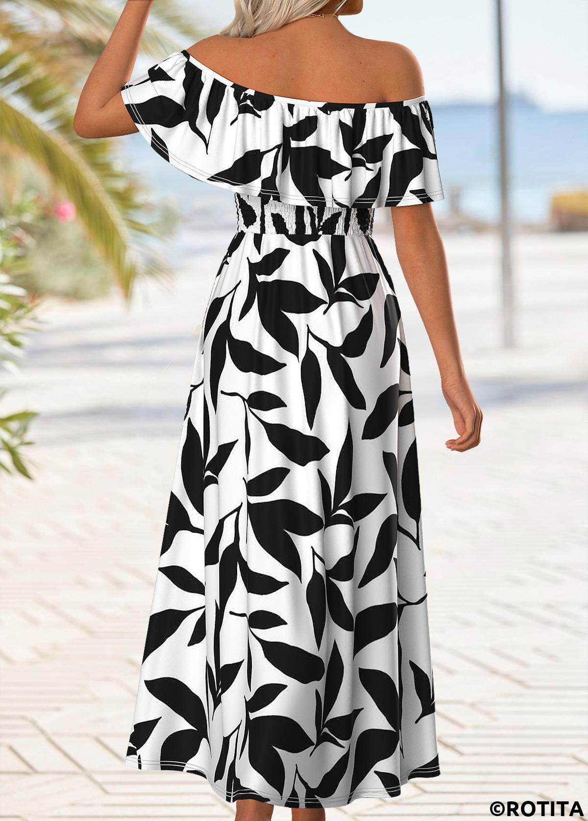 Multi Color dresses,Plants dresses,Vacation dresses,Vacation dresses,ROTITA Split Leaf Print Multi Color Maxi Off Shoulder Dress