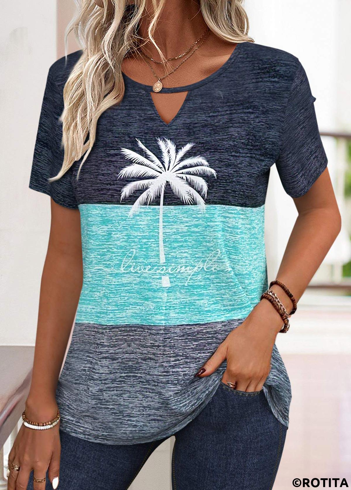Dark Blue tops,Geometric tops,ROTITA Cut Out Geometric Print Dark Blue T Shirt