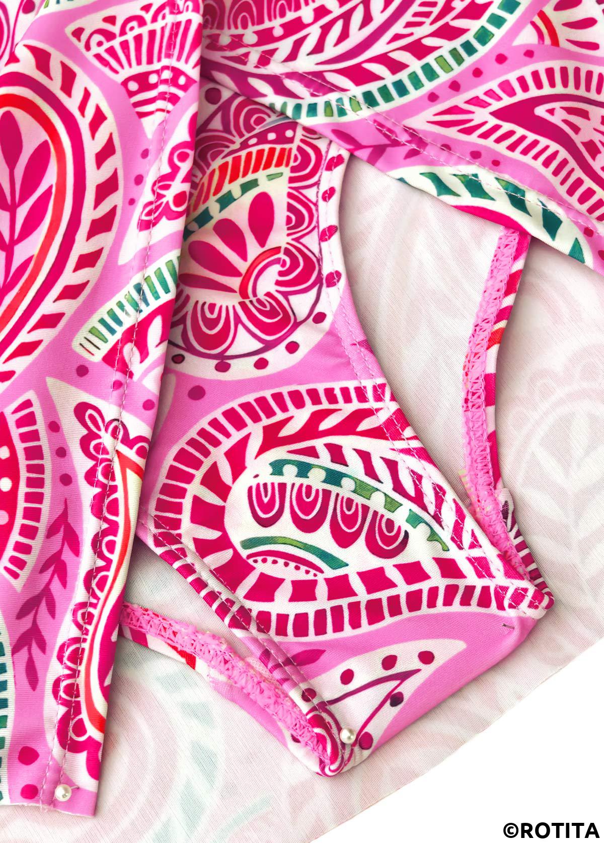 Pink swimwear,Paisley swimwear,ROTITA Ruched Pink Paisley Print Mid Waisted Tankini Set