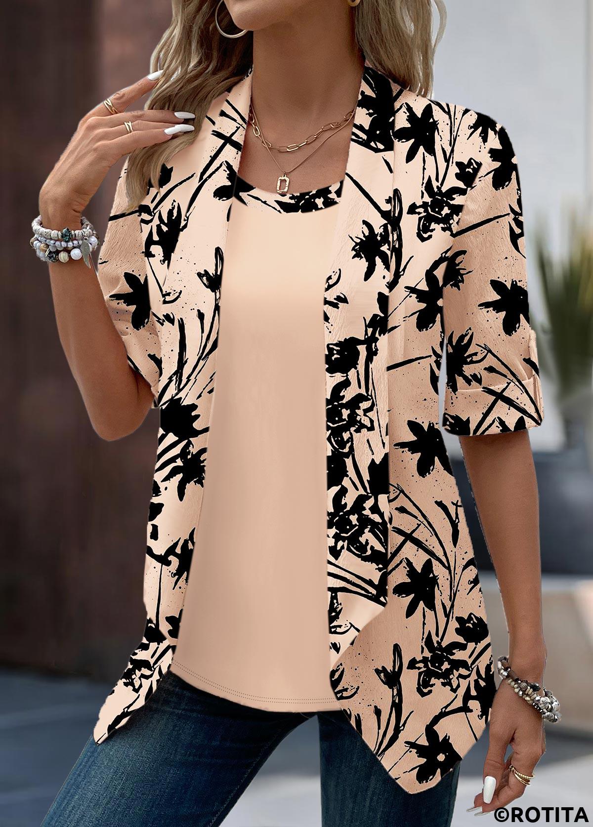 Dusty Pink tops,Floral tops,Plants tops,ROTITA Button Floral Print Dusty Pink Fake Two Piece Twinset