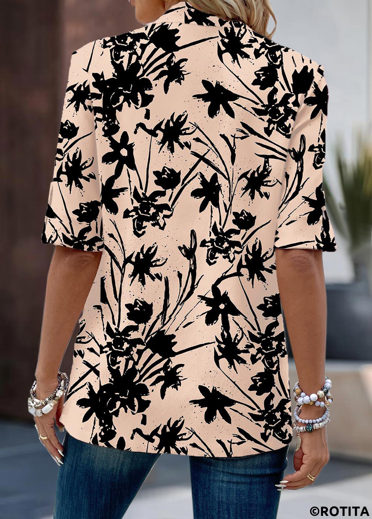 Dusty Pink tops,Floral tops,Plants tops,ROTITA Button Floral Print Dusty Pink Fake Two Piece Twinset