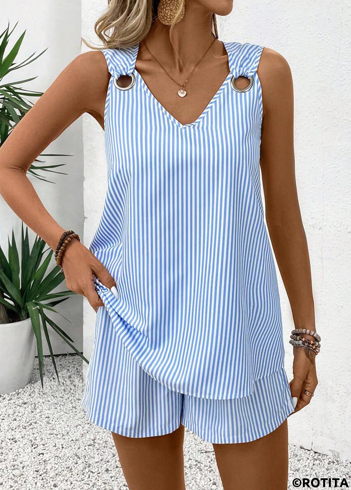 Sky Blue plus size,Striped plus size,Geometric plus size,ROTITA Plus Size Eyelet Sky Blue Striped TOP and Shorts