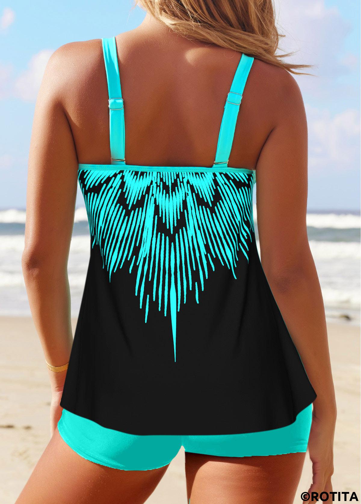 Cyan plus size,Tribal plus size,ROTITA Plus Size Mid Waisted Tribal Print Cyan Tankini Set