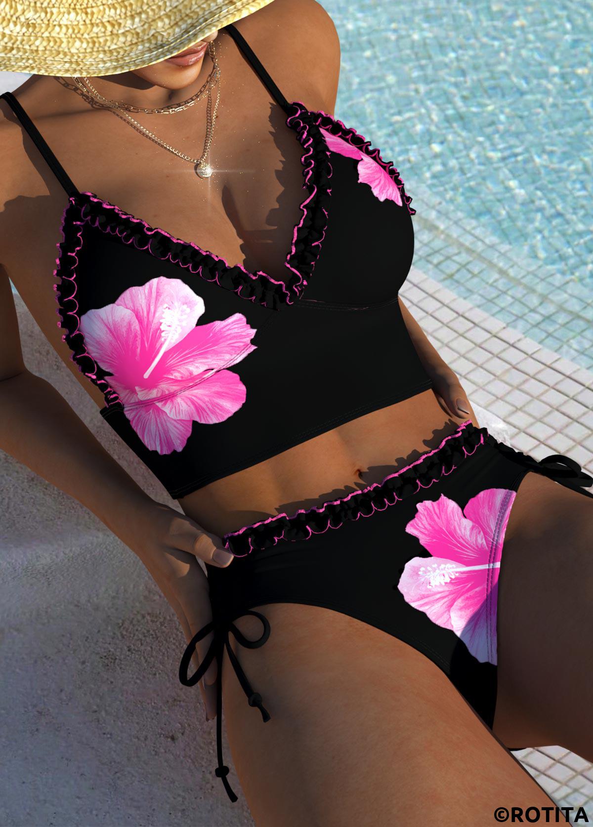 Black swimwear,Floral swimwear,Plants swimwear,ROTITA Tie Black Floral Print Mid Waisted Bikini Set