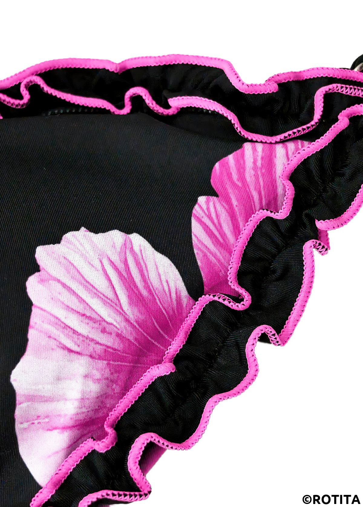 Black swimwear,Floral swimwear,Plants swimwear,ROTITA Tie Black Floral Print Mid Waisted Bikini Set