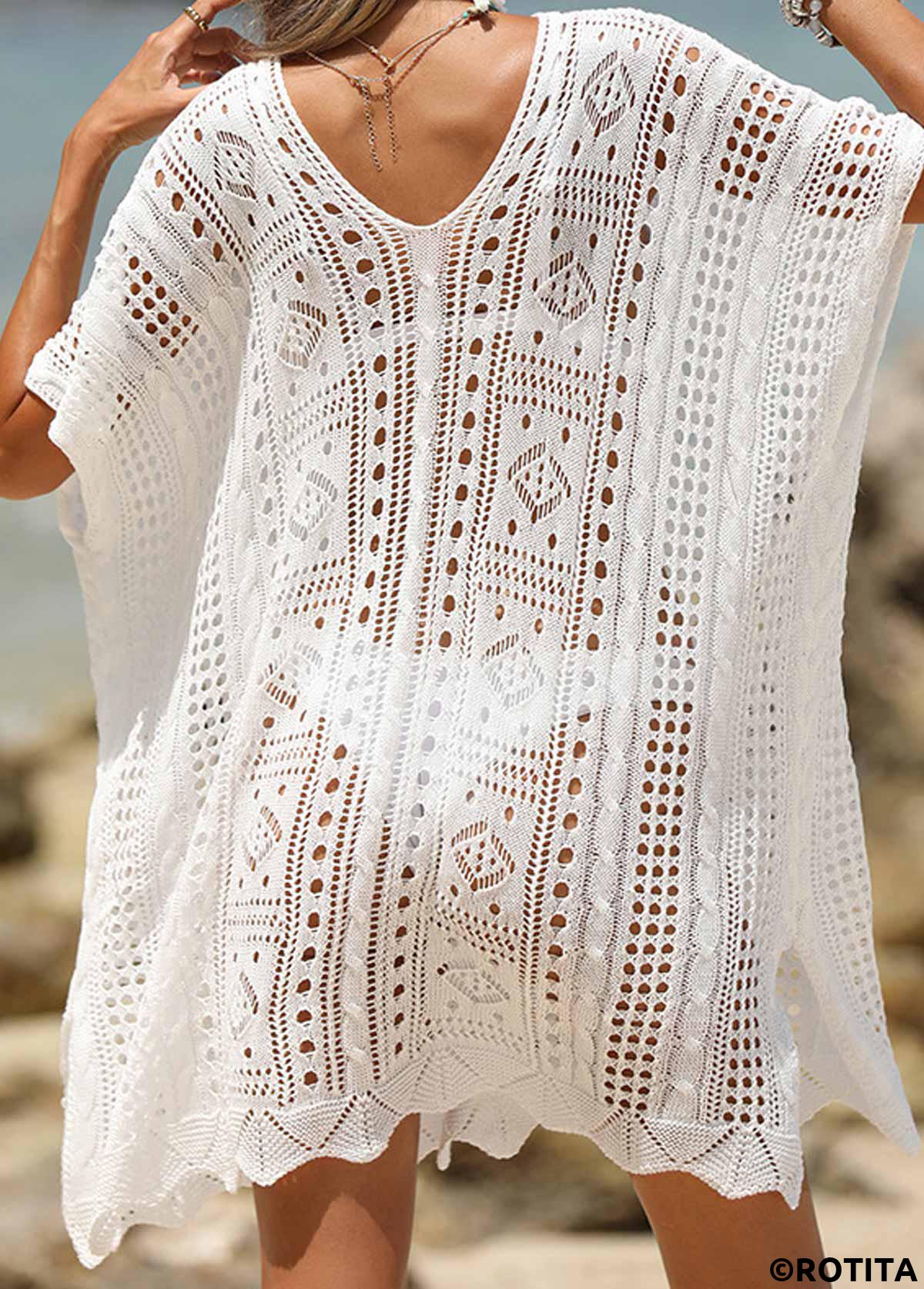 White swimwear,Plain Color swimwear,White Lightweight V Neck Cover Up