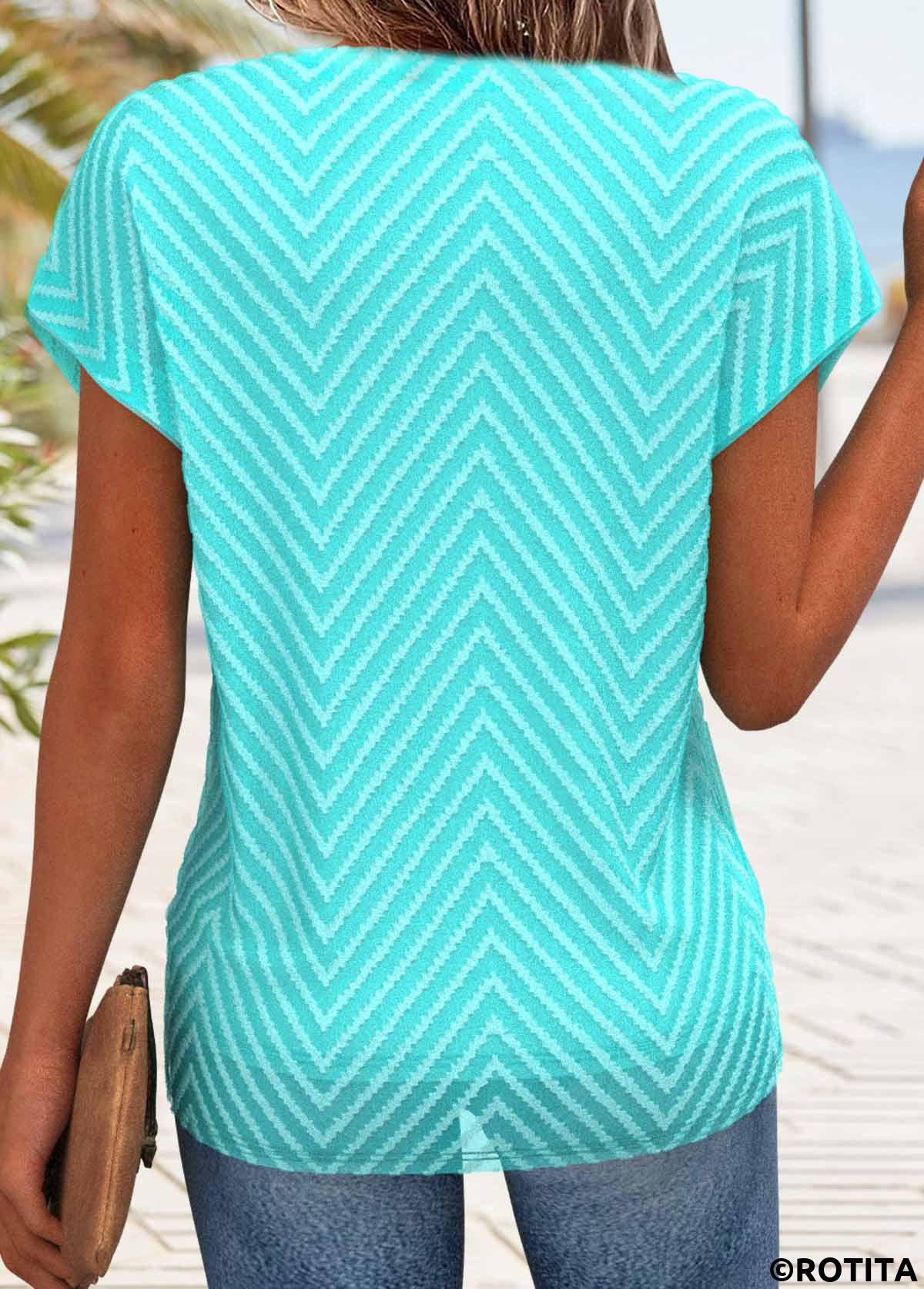 Cyan tops,Plain Color tops,ROTITA Button Cyan Round Neck Short Sleeve T Shirt
