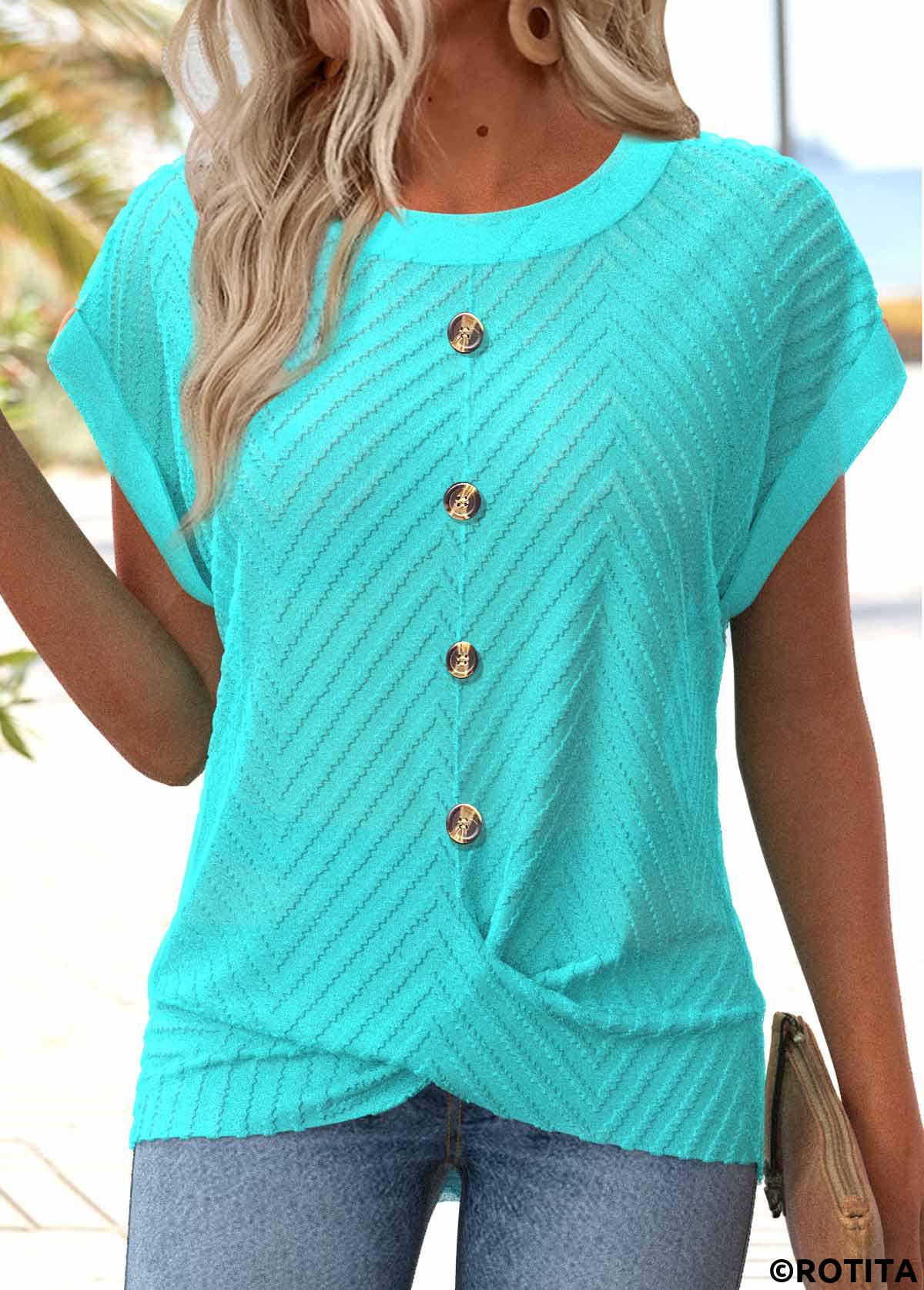 Cyan tops,Plain Color tops,ROTITA Button Cyan Round Neck Short Sleeve T Shirt