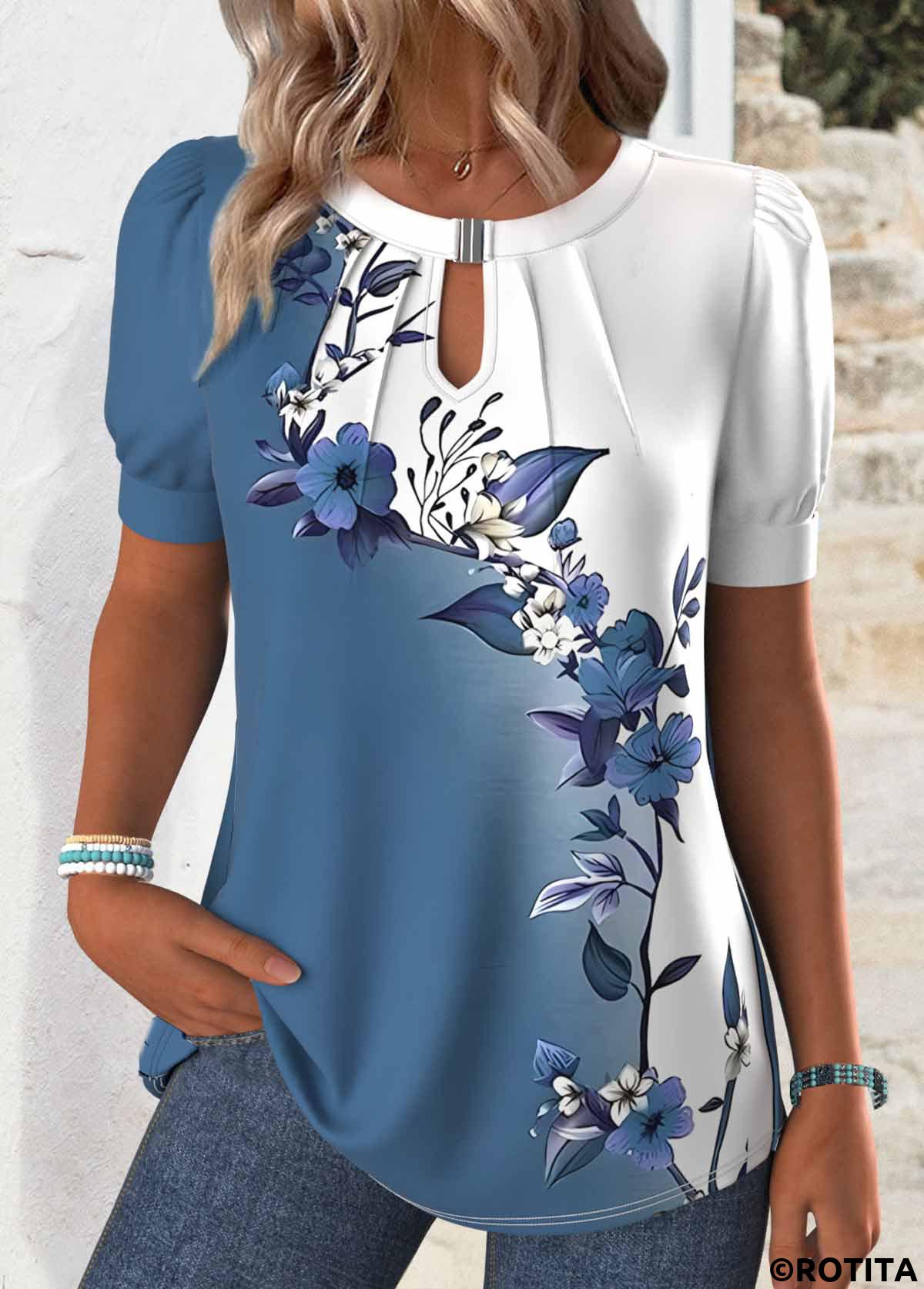 White plus size,Floral plus size,Plants plus size,ROTITA Plus Size Cut Out White Floral Print T Shirt
