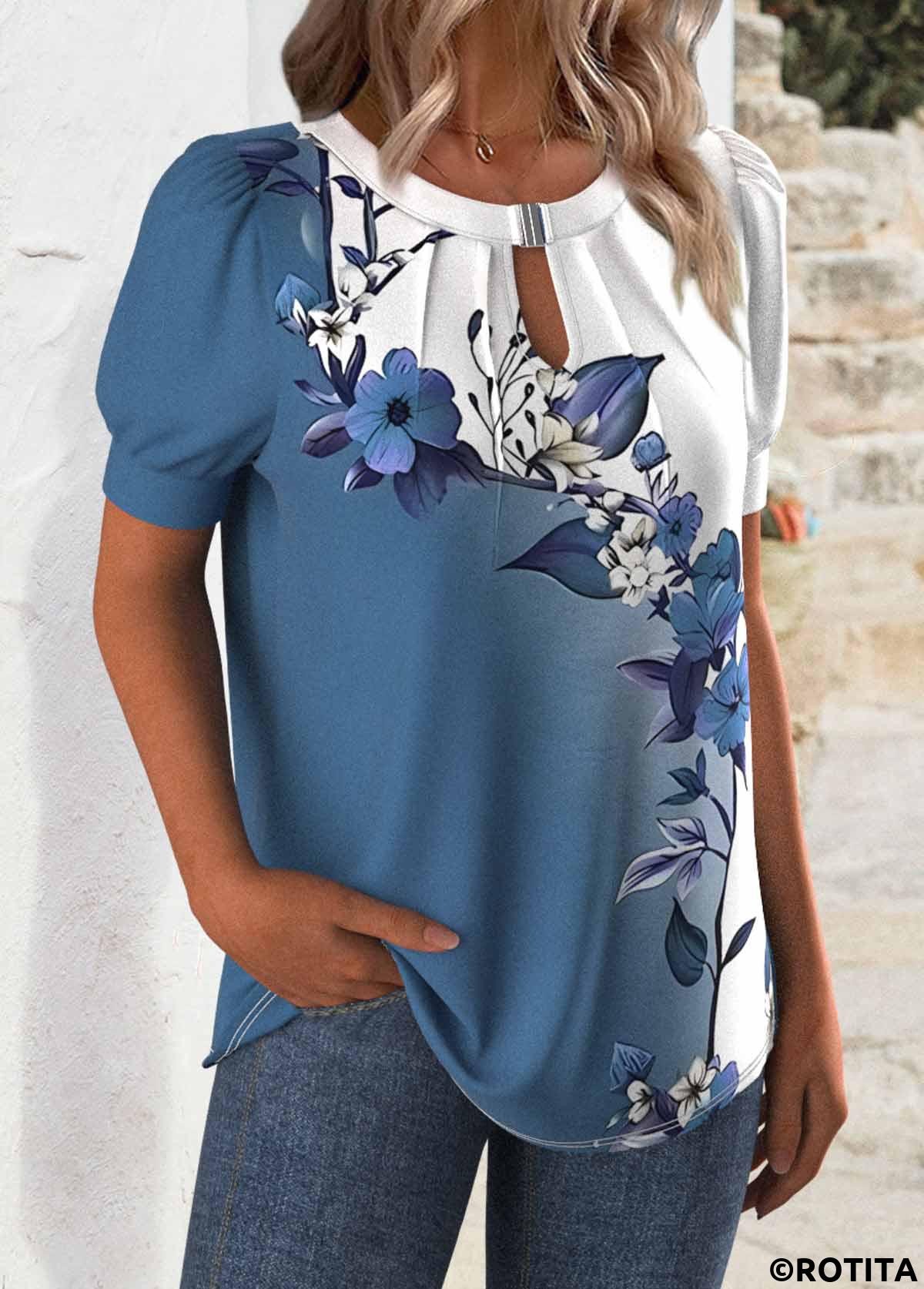 White plus size,Floral plus size,Plants plus size,ROTITA Plus Size Cut Out White Floral Print T Shirt