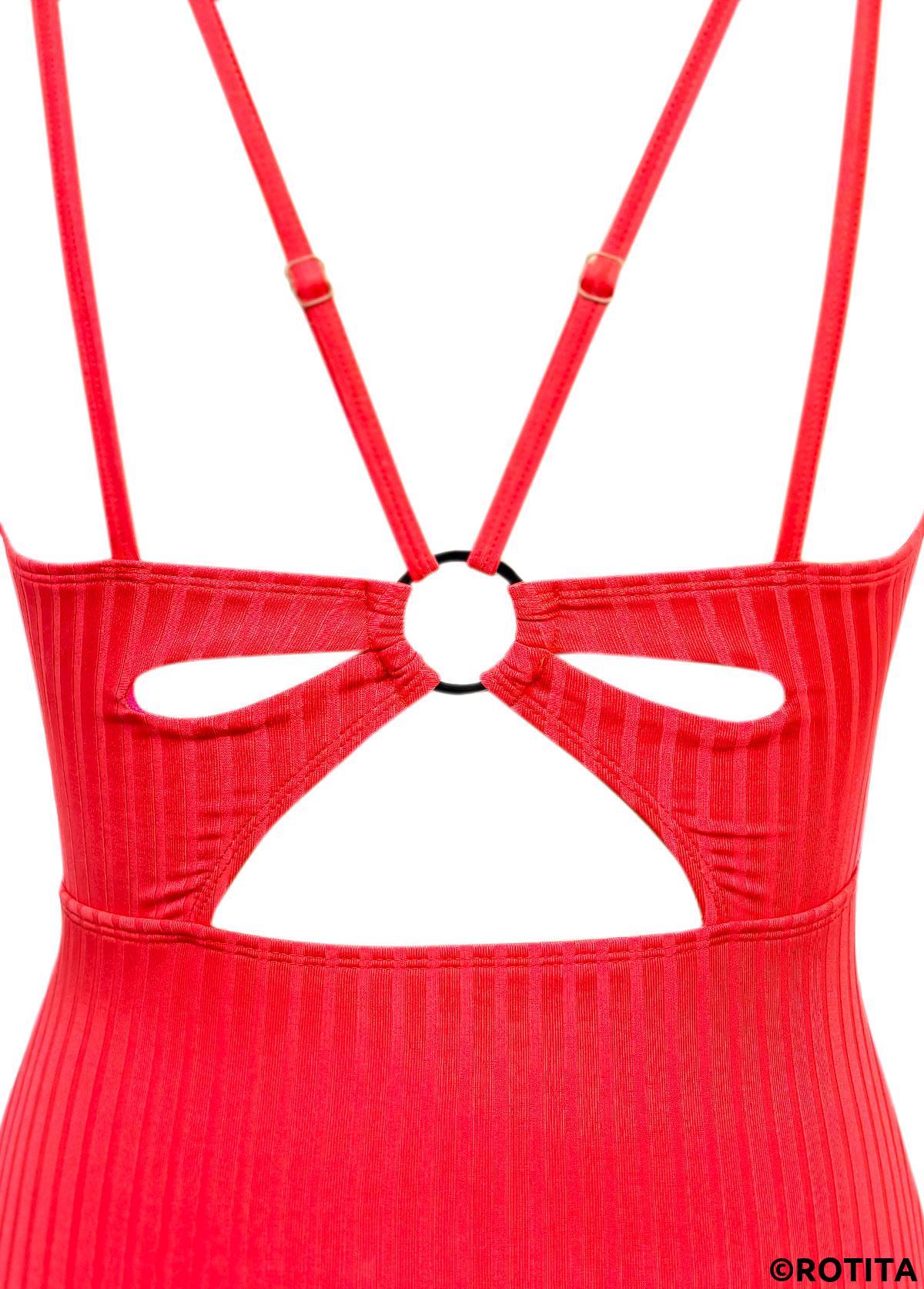 Coral swimwear,Plain Color swimwear,ROTITA Cut Out Coral V Neck One Piece Swimwear