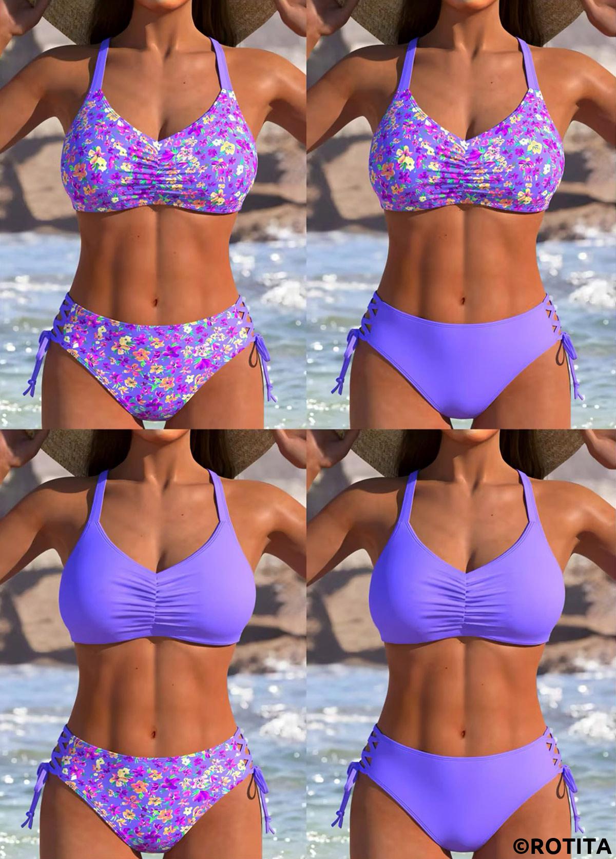 Purplish Blue swimwear,Floral swimwear,Plants swimwear,ROTITA Reversible Purple Blue High Waist Bikini Set