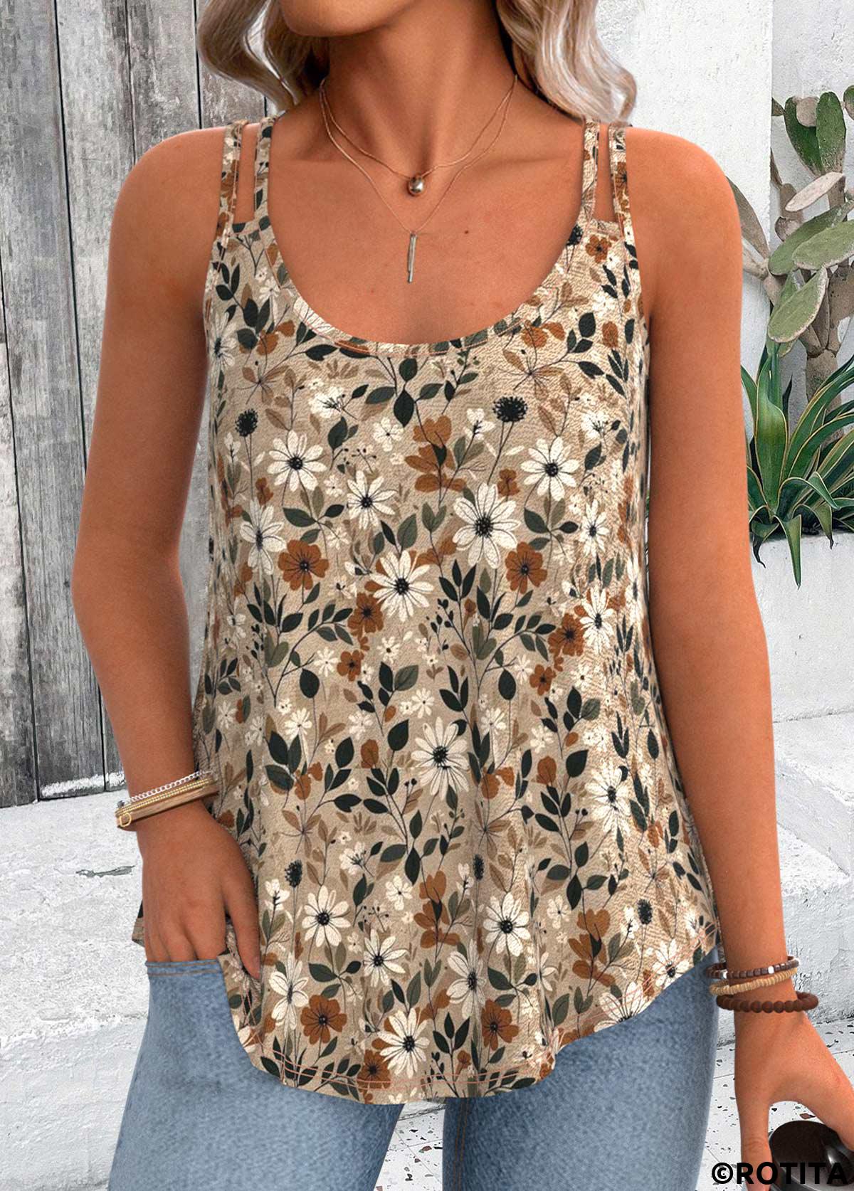 Light Camel tops,Floral tops,Plants tops,ROTITA Jacquard Floral Print Light Camel Scoop Neck Camisole Top