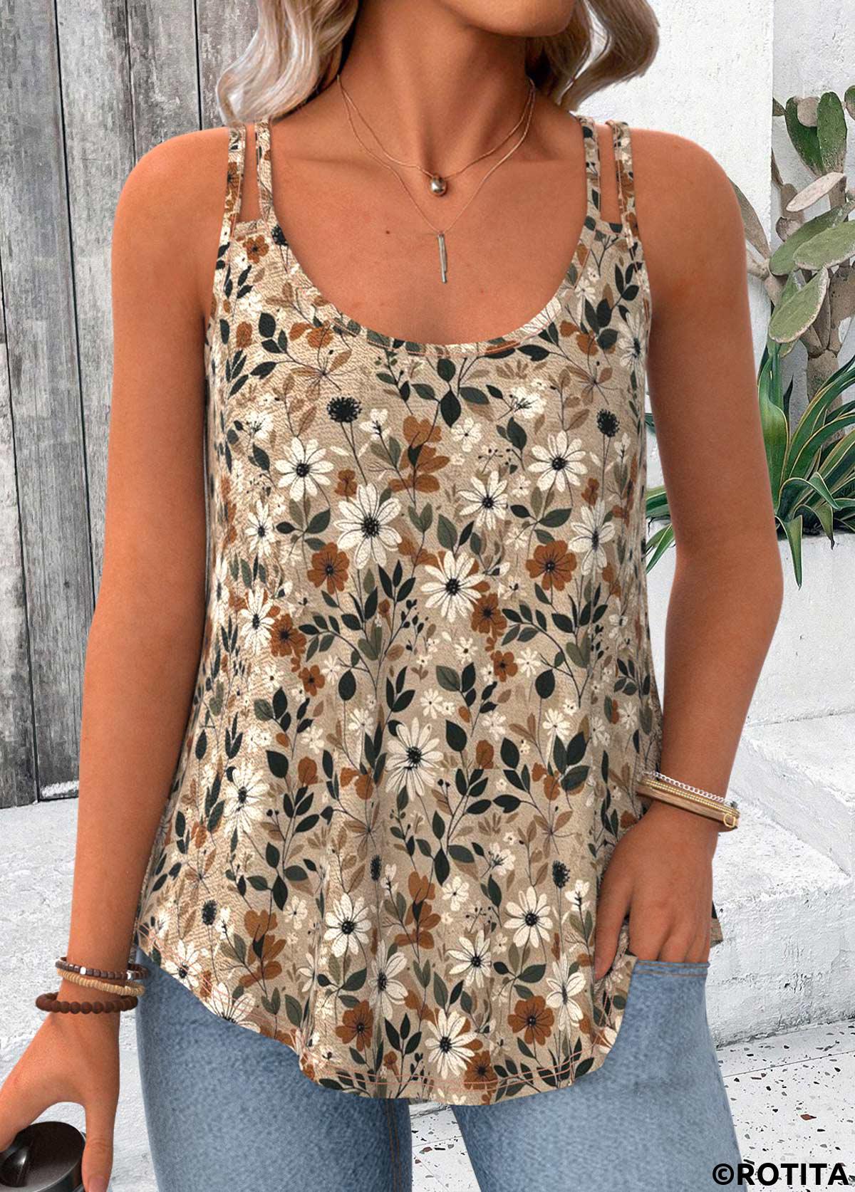 Light Camel tops,Floral tops,Plants tops,ROTITA Jacquard Floral Print Light Camel Scoop Neck Camisole Top