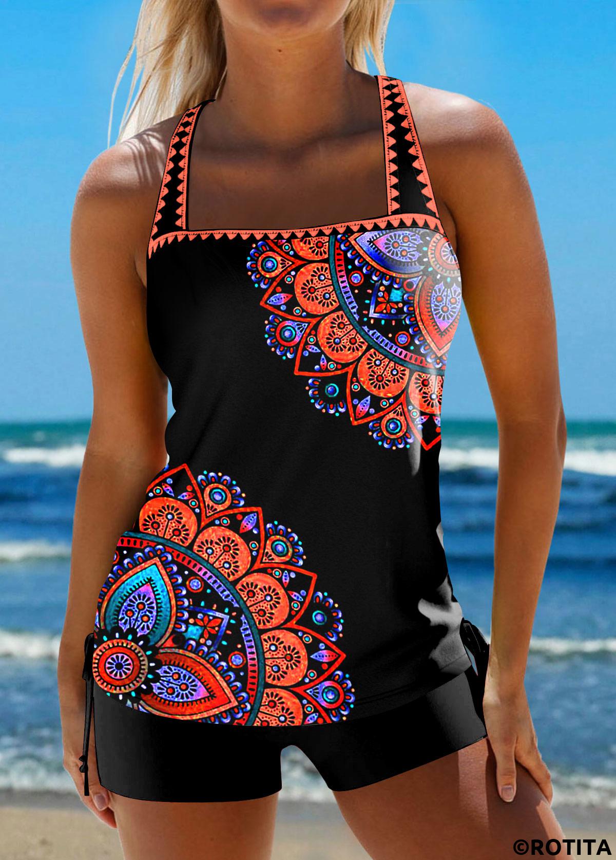 Black swimwear,Tribal swimwear,ROTITA Contrast Binding Black Tribal Print Mid Waisted Tankini Set