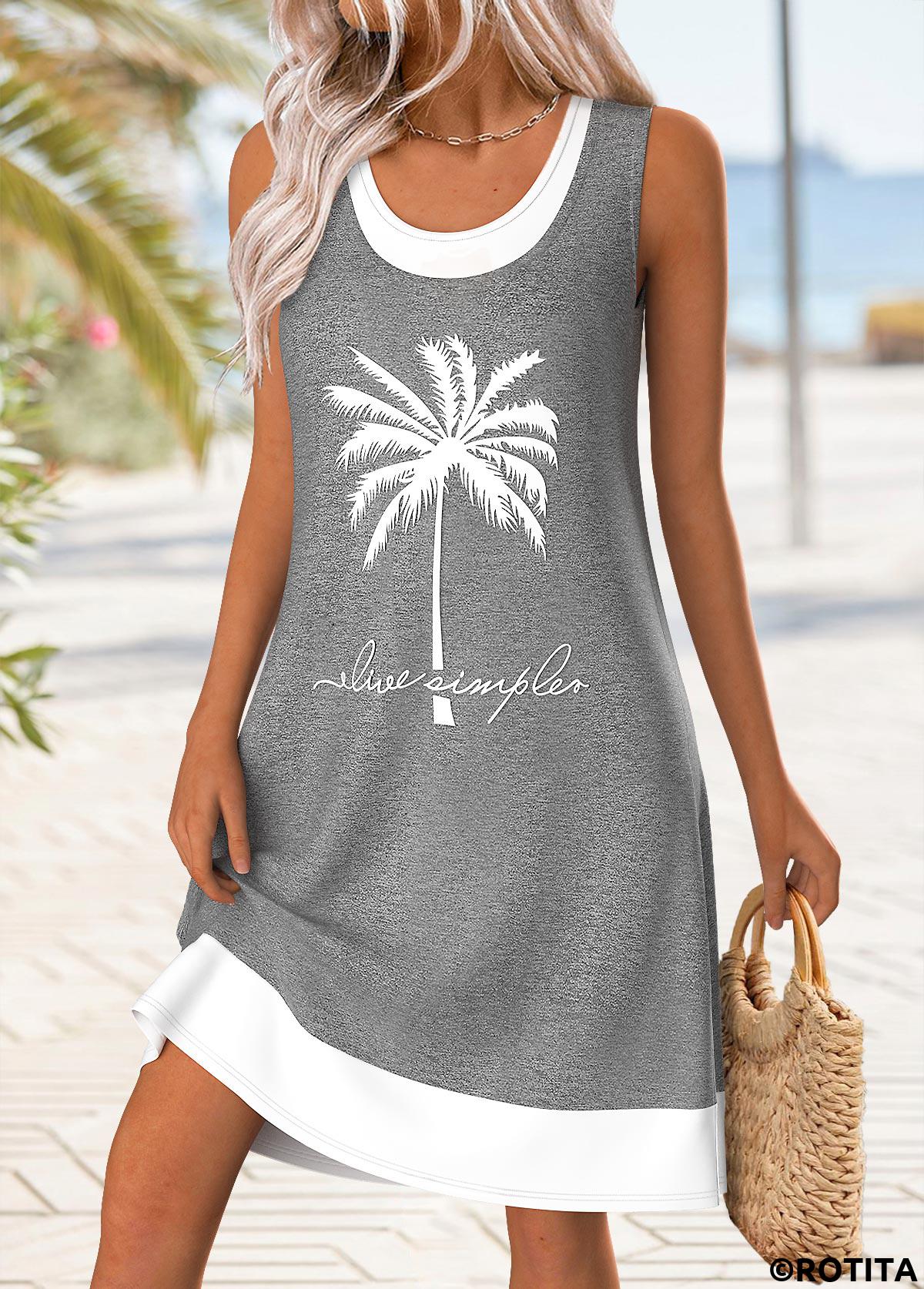 Grey dresses,Plants dresses,Vacation dresses,Vacation dresses,ROTITA Patchwork Tropical Plants Print Grey Short A Line Dress