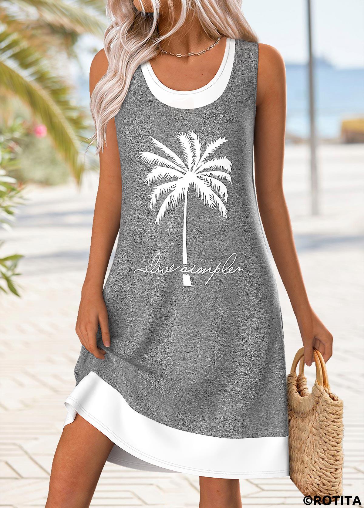 Grey dresses,Plants dresses,Vacation dresses,Vacation dresses,ROTITA Patchwork Tropical Plants Print Grey Short A Line Dress
