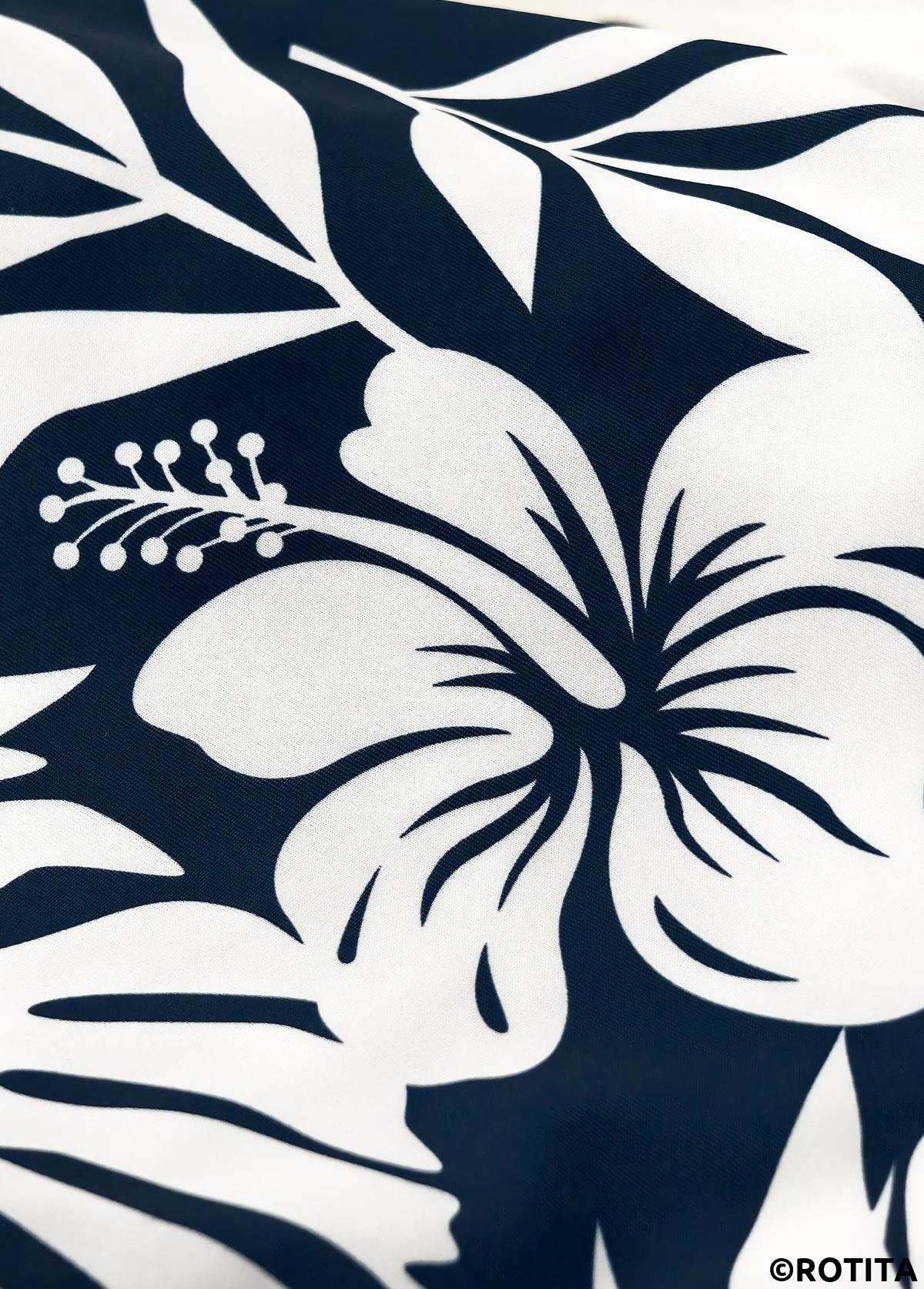 Navy swimwear,Floral swimwear,Plants swimwear,ROTITA Circular Ring Navy Floral Print One Piece Swimwear