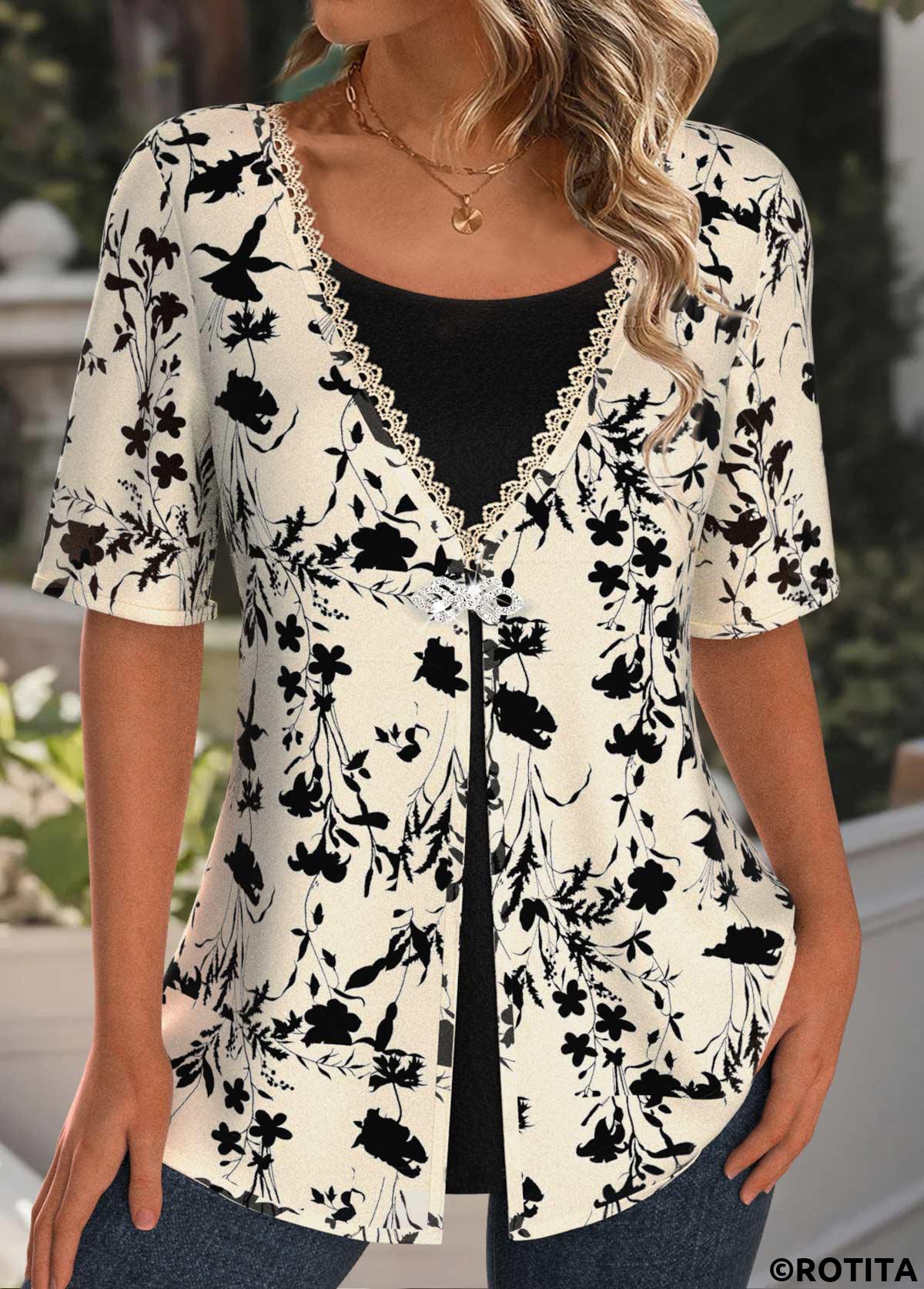 Light Camel tops,Floral tops,Plants tops,ROTITA Lace Floral Print Light Camel Fake Two Piece Twinset