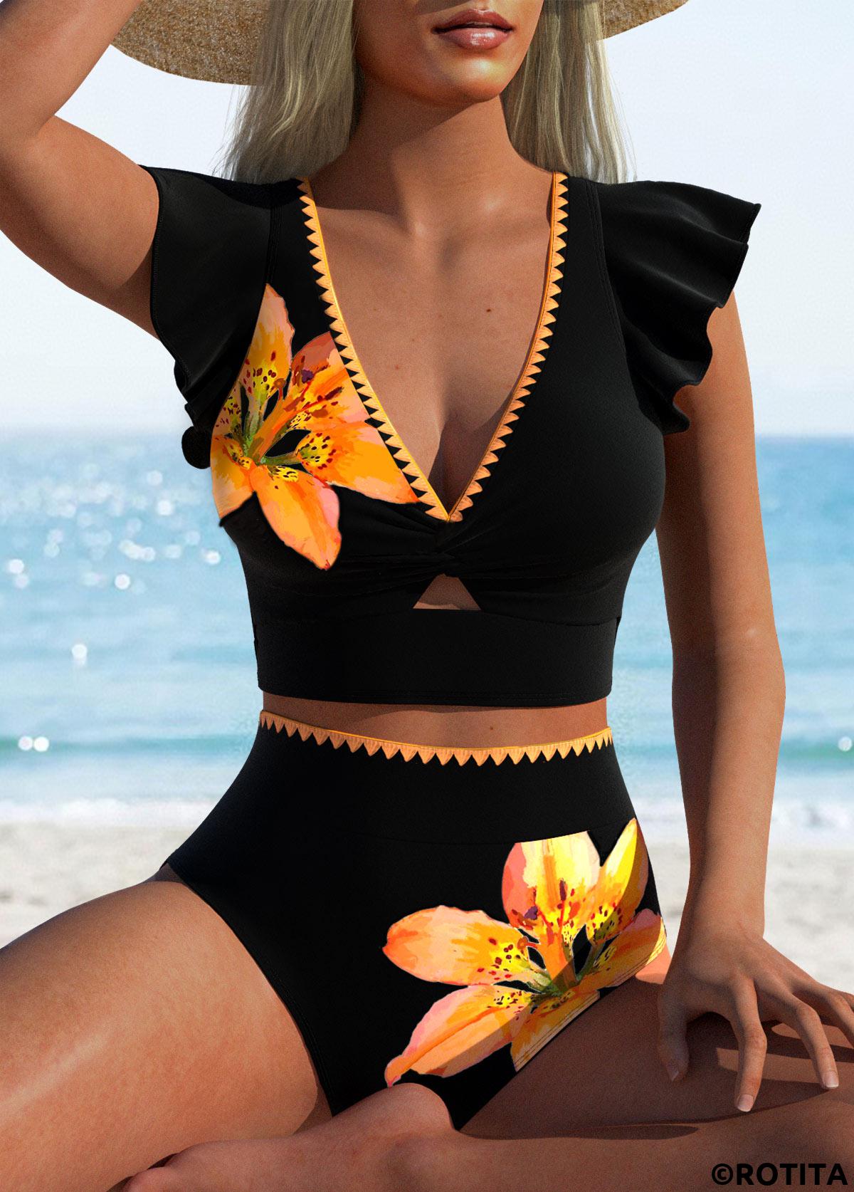 Black swimwear,Floral swimwear,Plants swimwear,ROTITA Contrast Binding Black Floral Print High Waisted Bikini Set