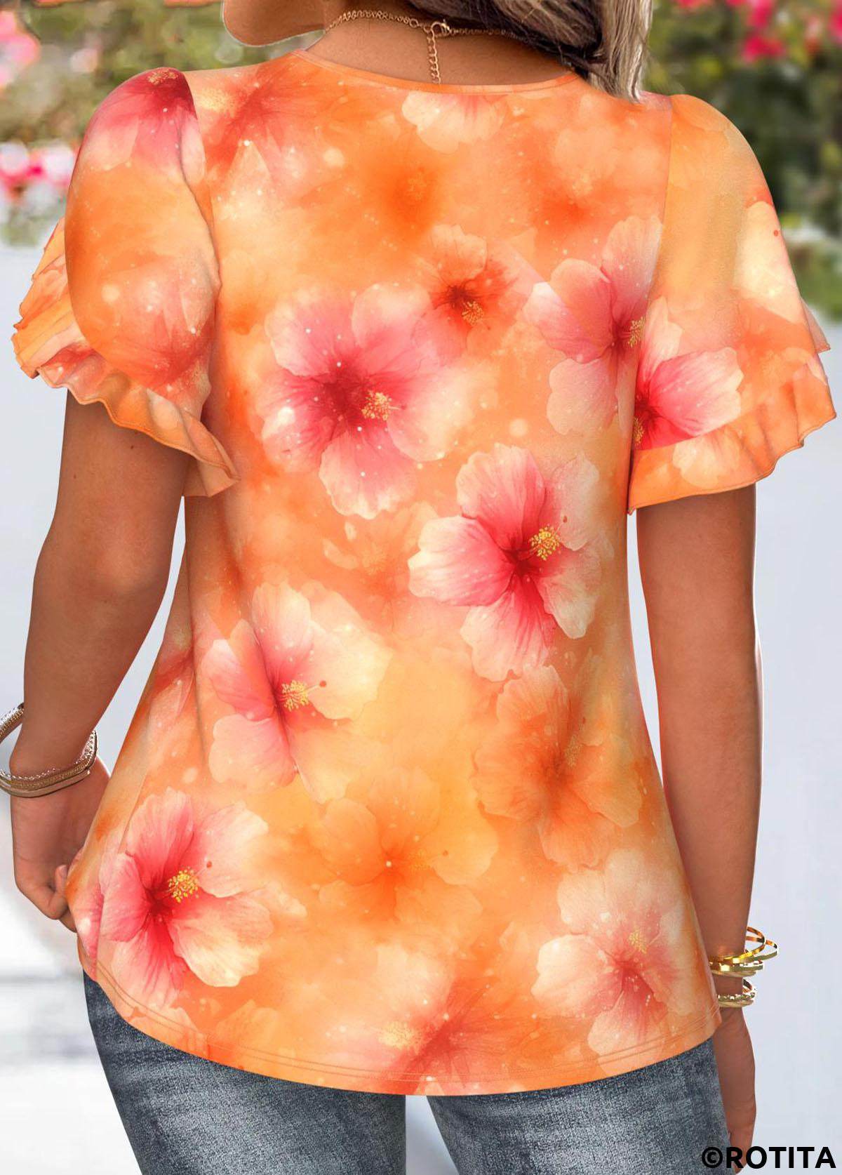 Orange tops,Floral tops,Plants tops,ROTITA Plus Size Orange Floral Print Blouse