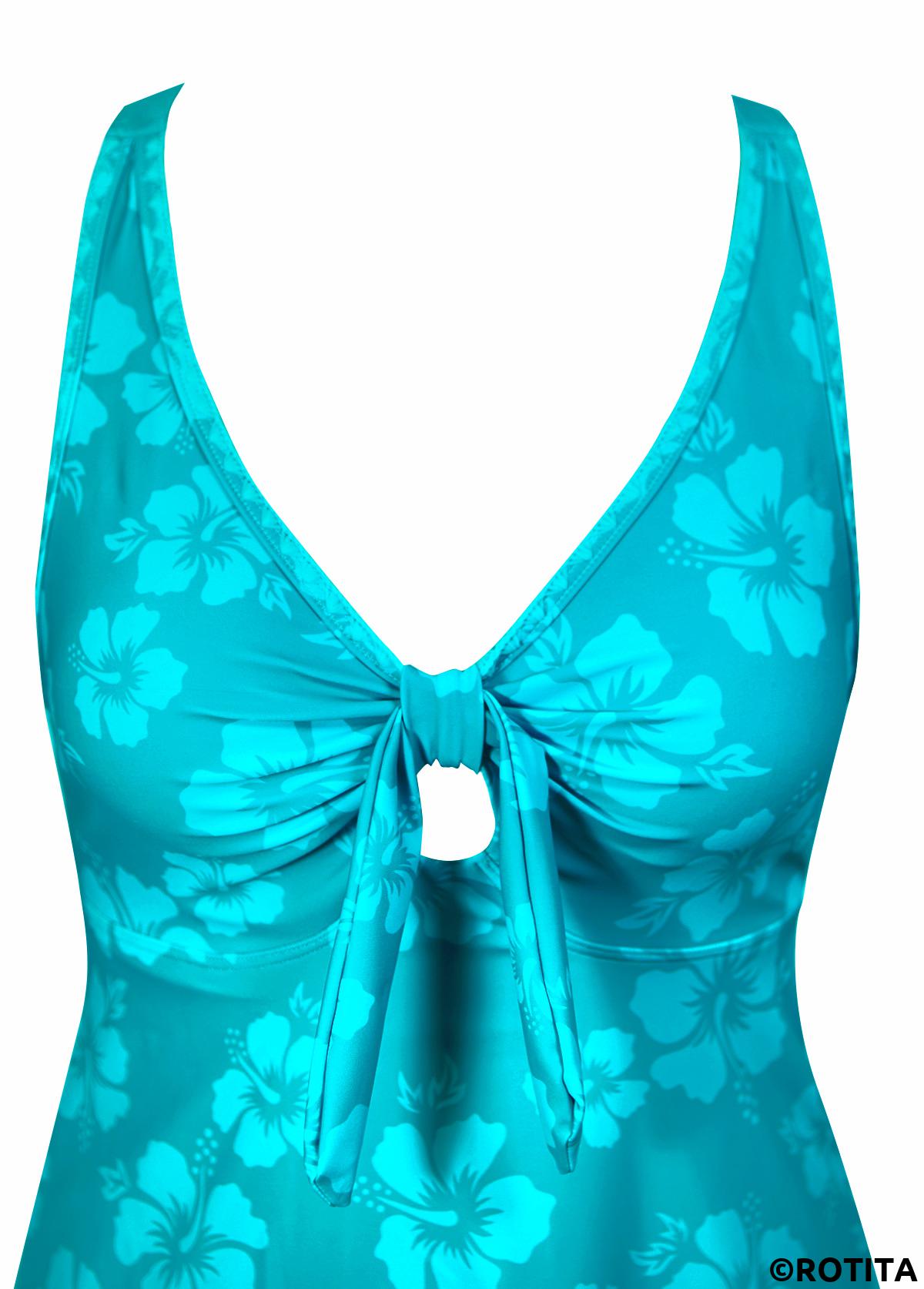 Cyan swimwear,Floral swimwear,Plants swimwear,ROTITA Criss Cross Cyan Floral Print Mid Waisted Tankini Set