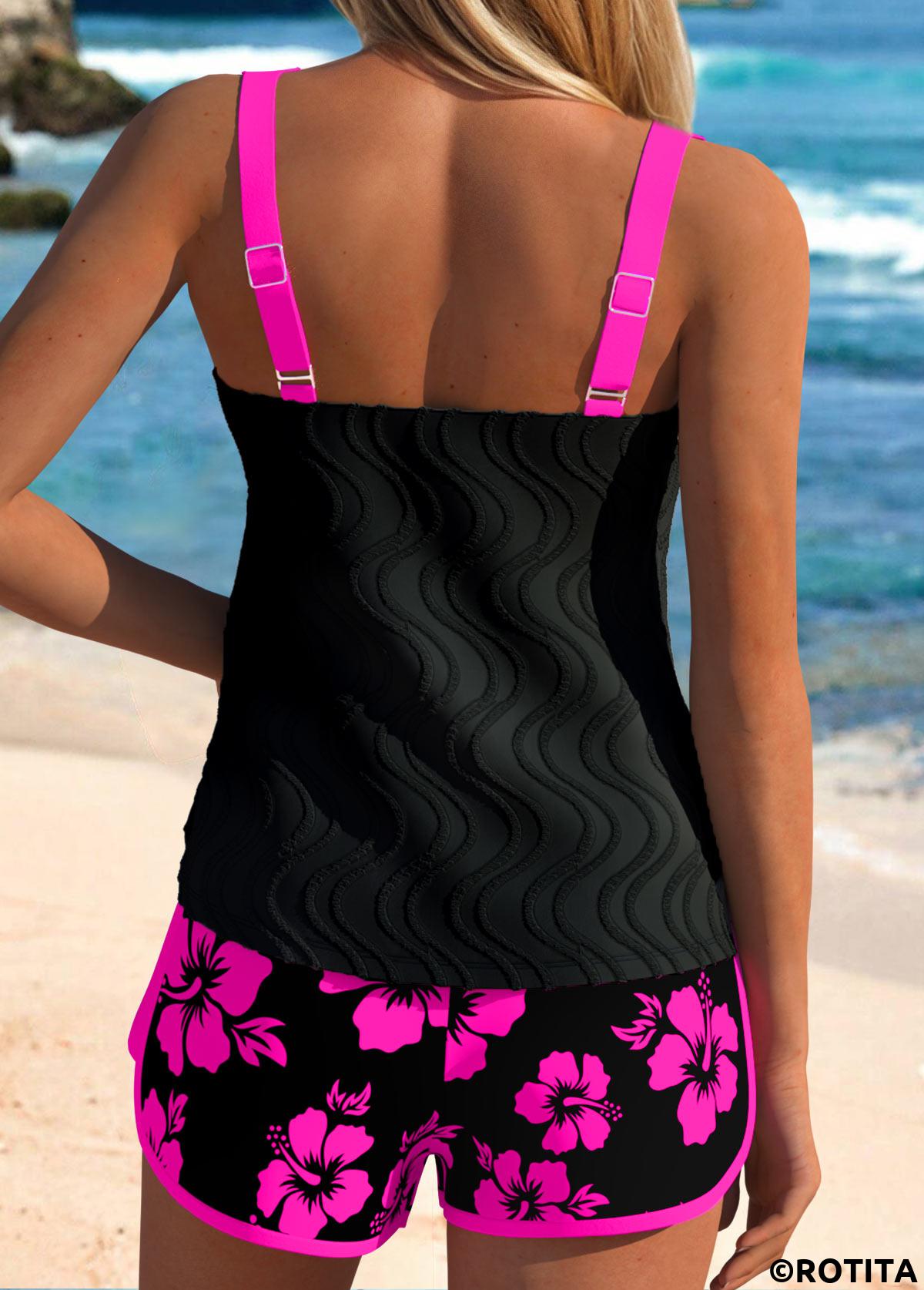 Hot Pink plus size,Floral plus size,Plants plus size,ROTITA Plus Size Mid Waisted Contrast Binding Tankini Set