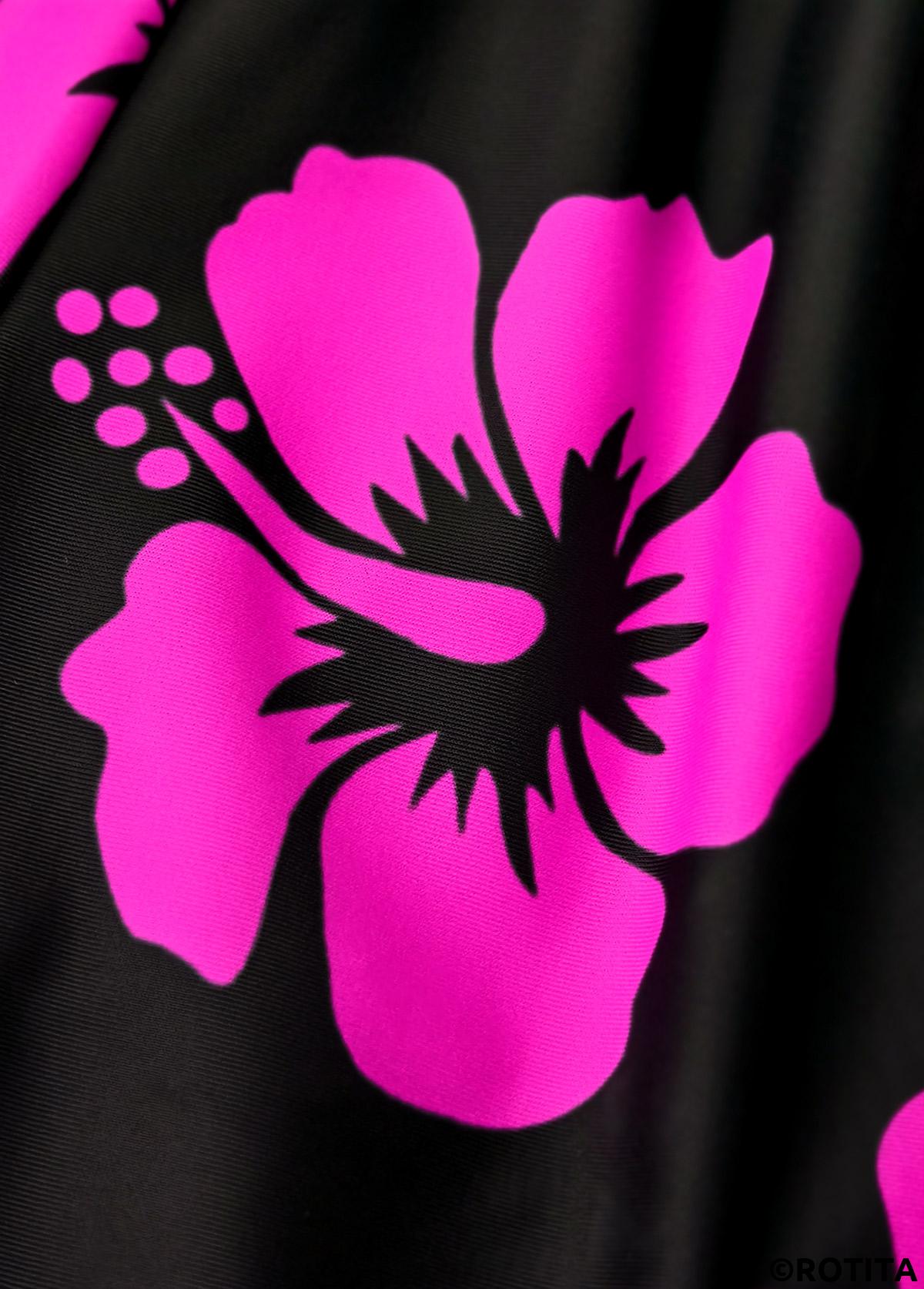 Hot Pink plus size,Floral plus size,Plants plus size,ROTITA Plus Size Mid Waisted Contrast Binding Tankini Set