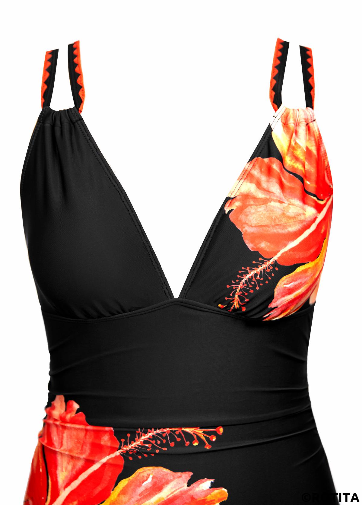 Orange swimwear,Floral swimwear,Plants swimwear,ROTITA Circular Ring Orange Floral Print One Piece Swimwear